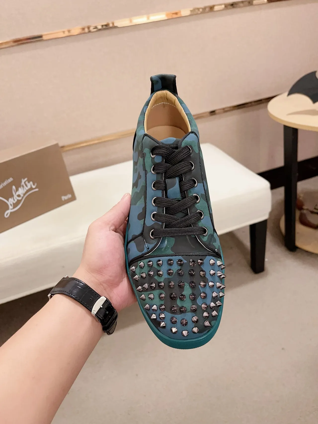 Christian Louboutin Multicolor Blue Camouflage-Print Upper Studded Toe Cap Lifestyle Sneakers