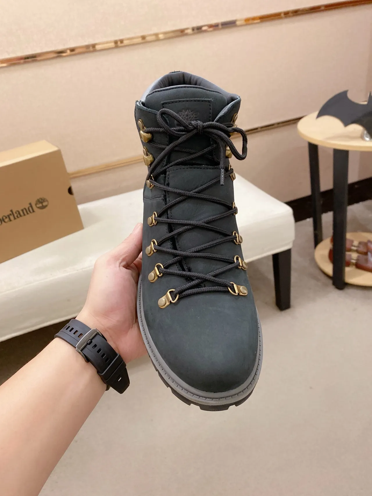 Timberland Black Gray Matte Nubuck Upper Gold-Tone Metal Hardware Work Boots