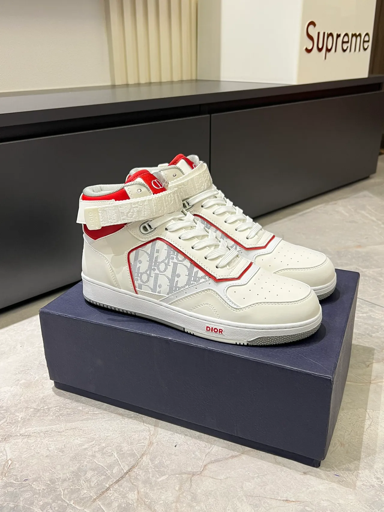 Dior B23 White and Red Monogram High-Top Lifestyle Sneakers
