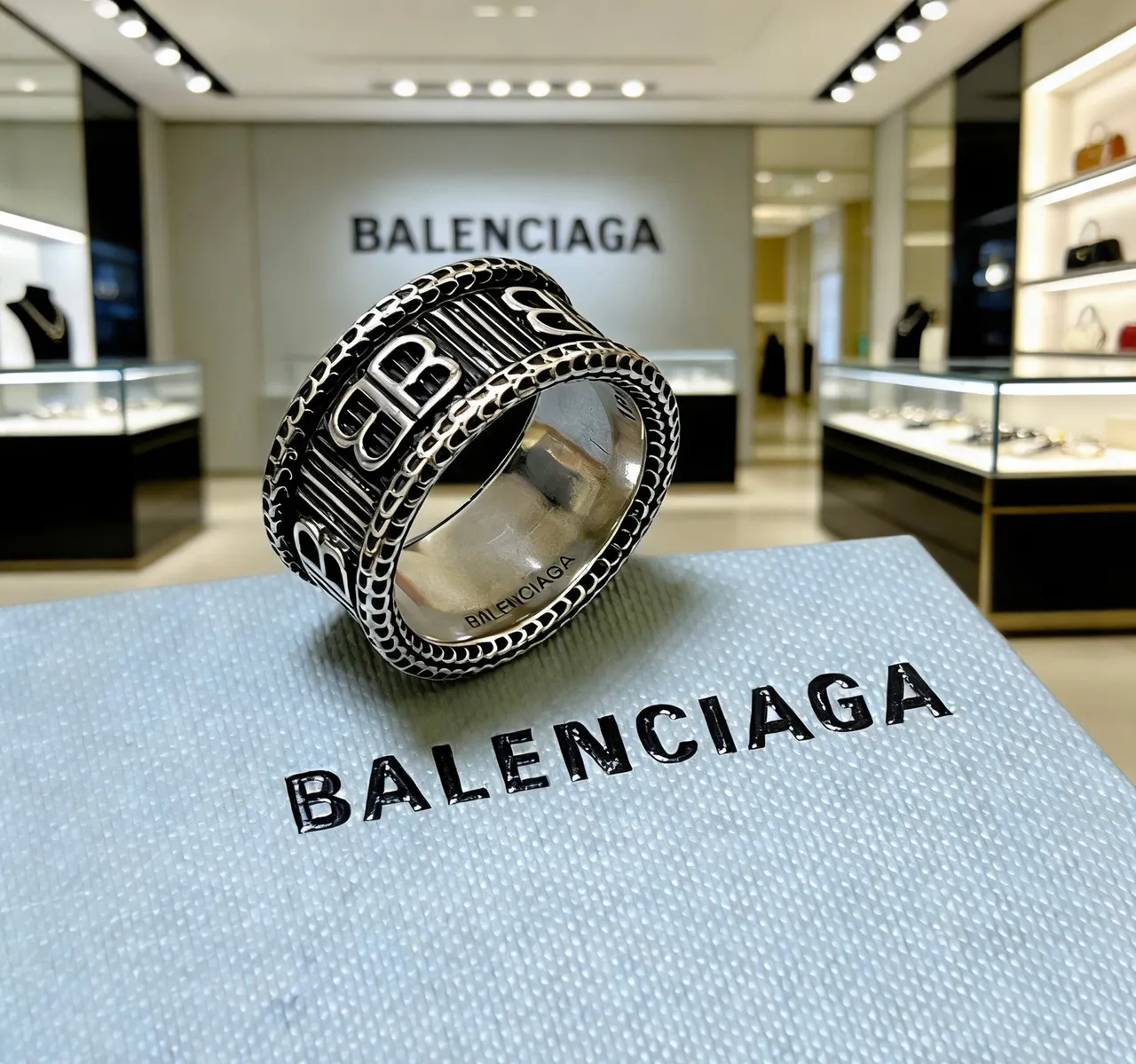 Balenciaga BB Ring Silver and Black Enamel Wide Band Ring