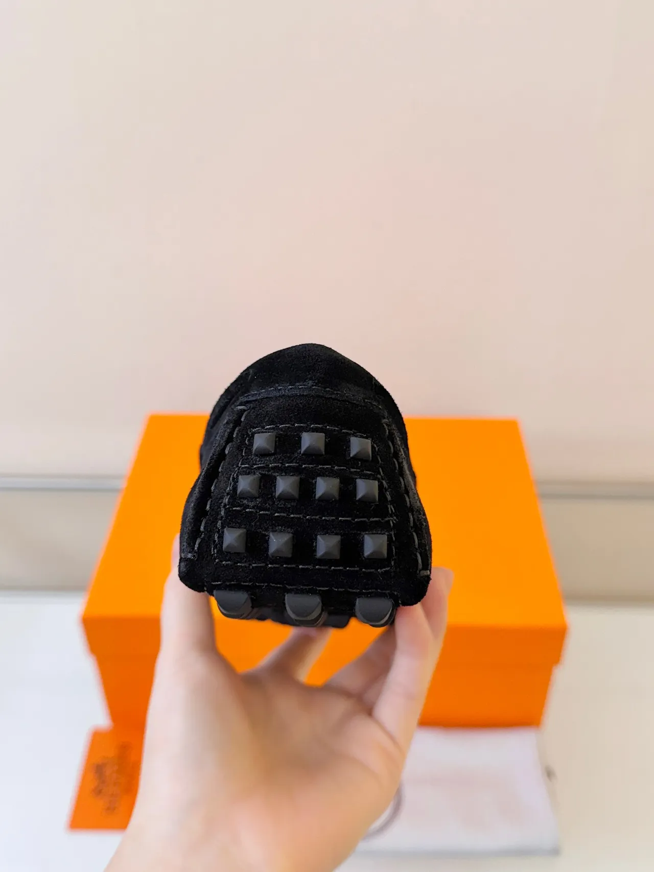 Hermès Oran Black Orange Suede Upper H-Logo Strap Loafer