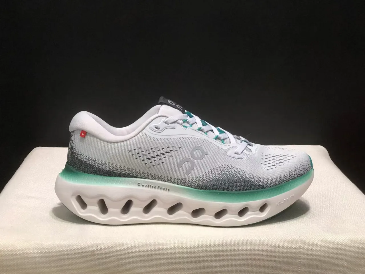 On Cloudmonster Gray Green Engineered Mesh Upper Open Hexagonal CloudTec Pods Running Shoes