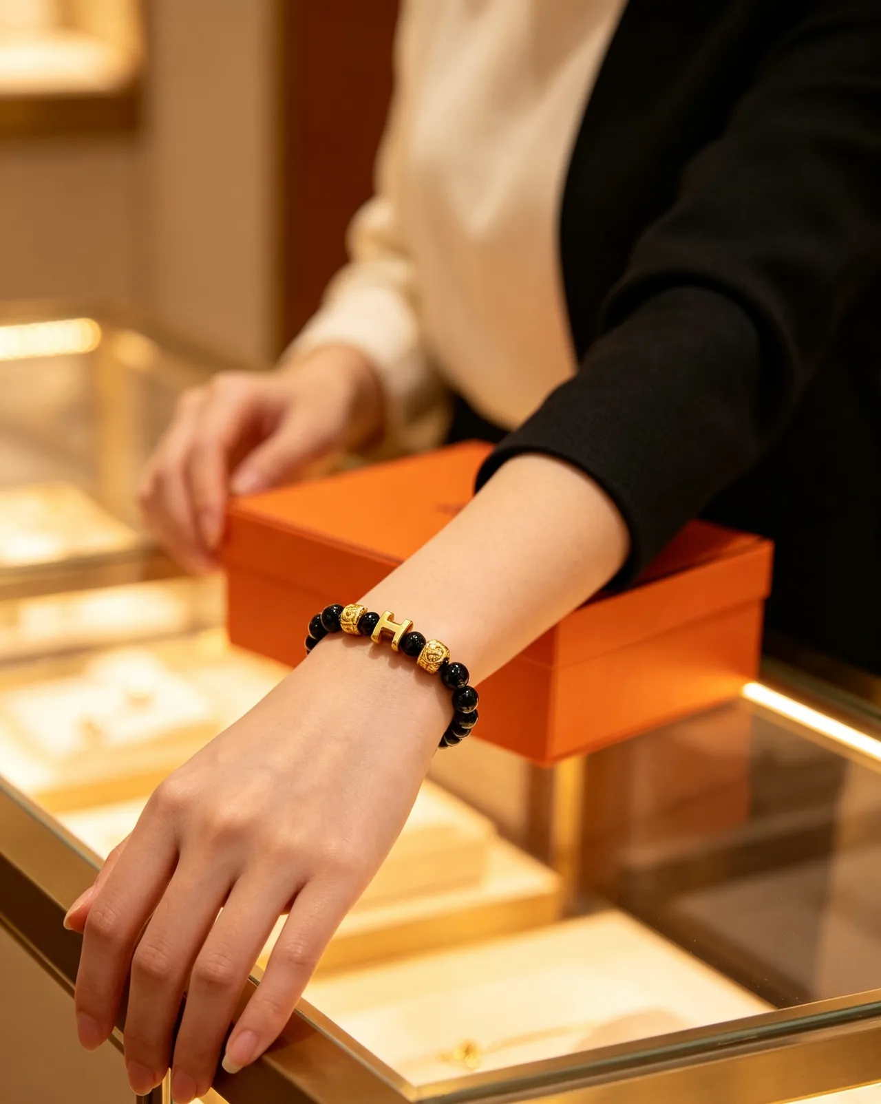 Hermès H Collection Black Onyx and Gold-Tone Beaded Bracelet