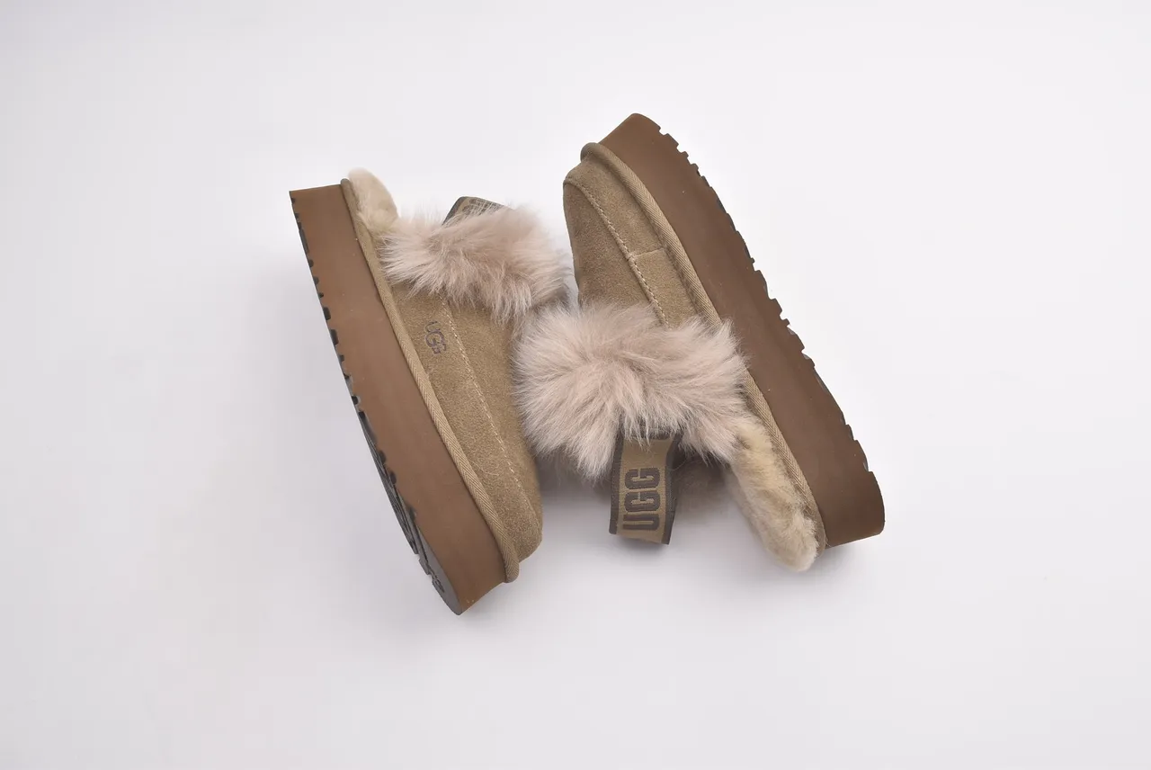 UGG Beige Brown Platform Sole Shearling-Lined Slippers