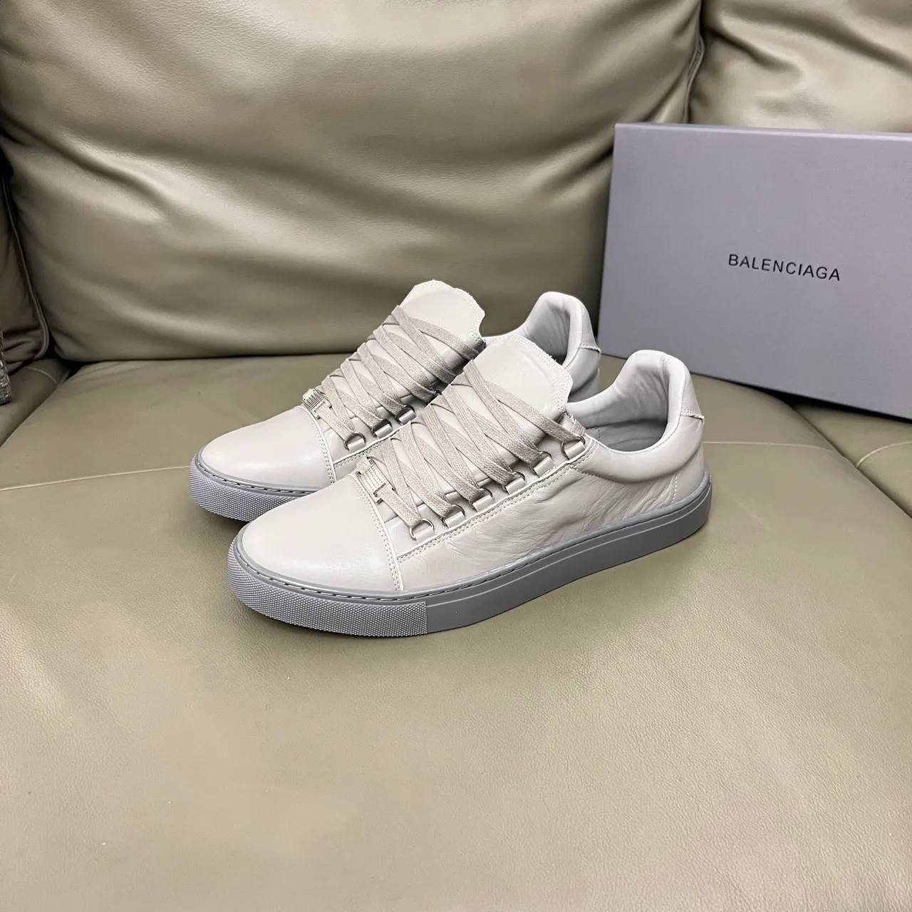 Balenciaga White Gray Minimalist Leather Upper Lifestyle Sneakers