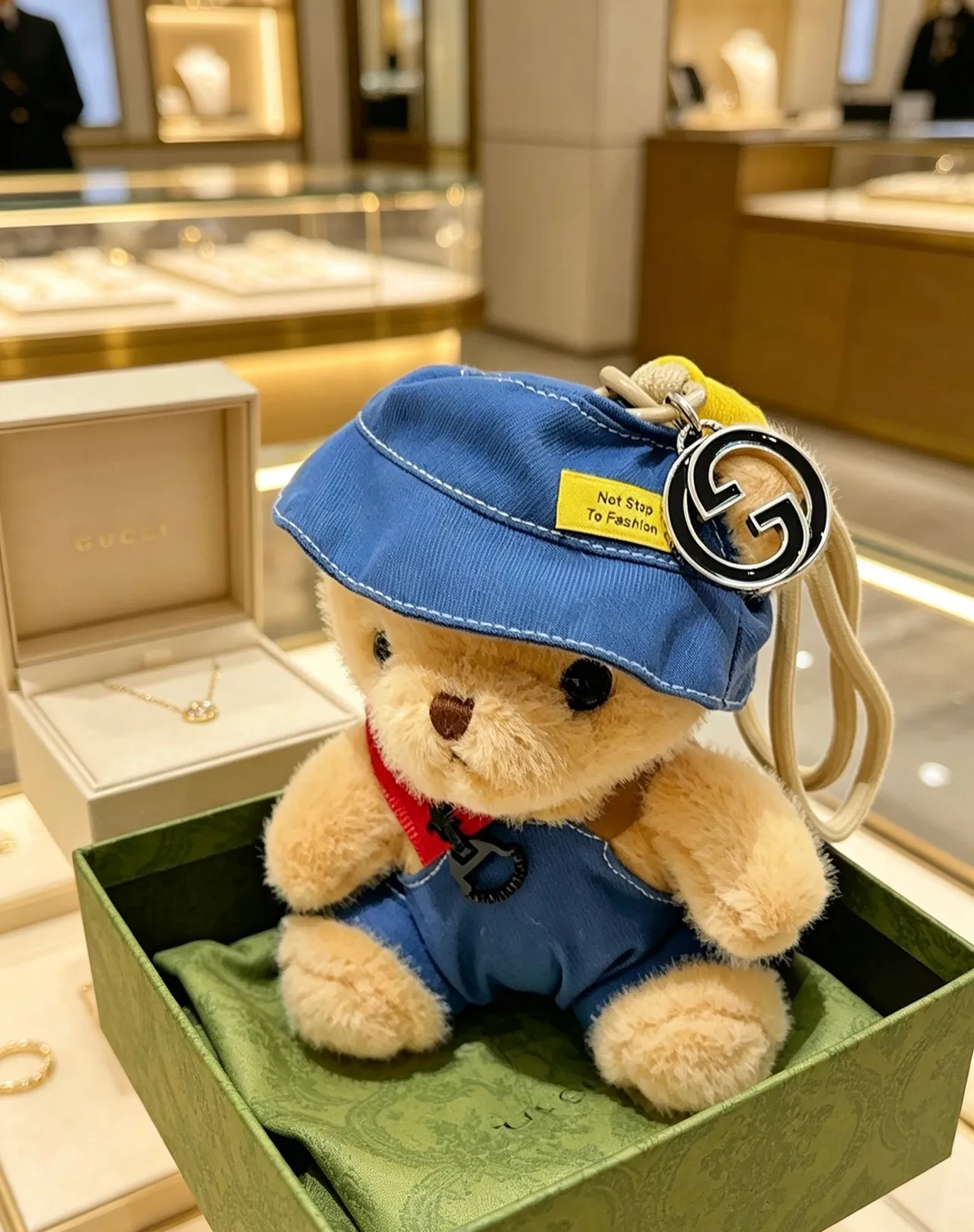 Gucci Beige Blue Plush Teddy Bear Denim-Style Hat And Overalls Handbag