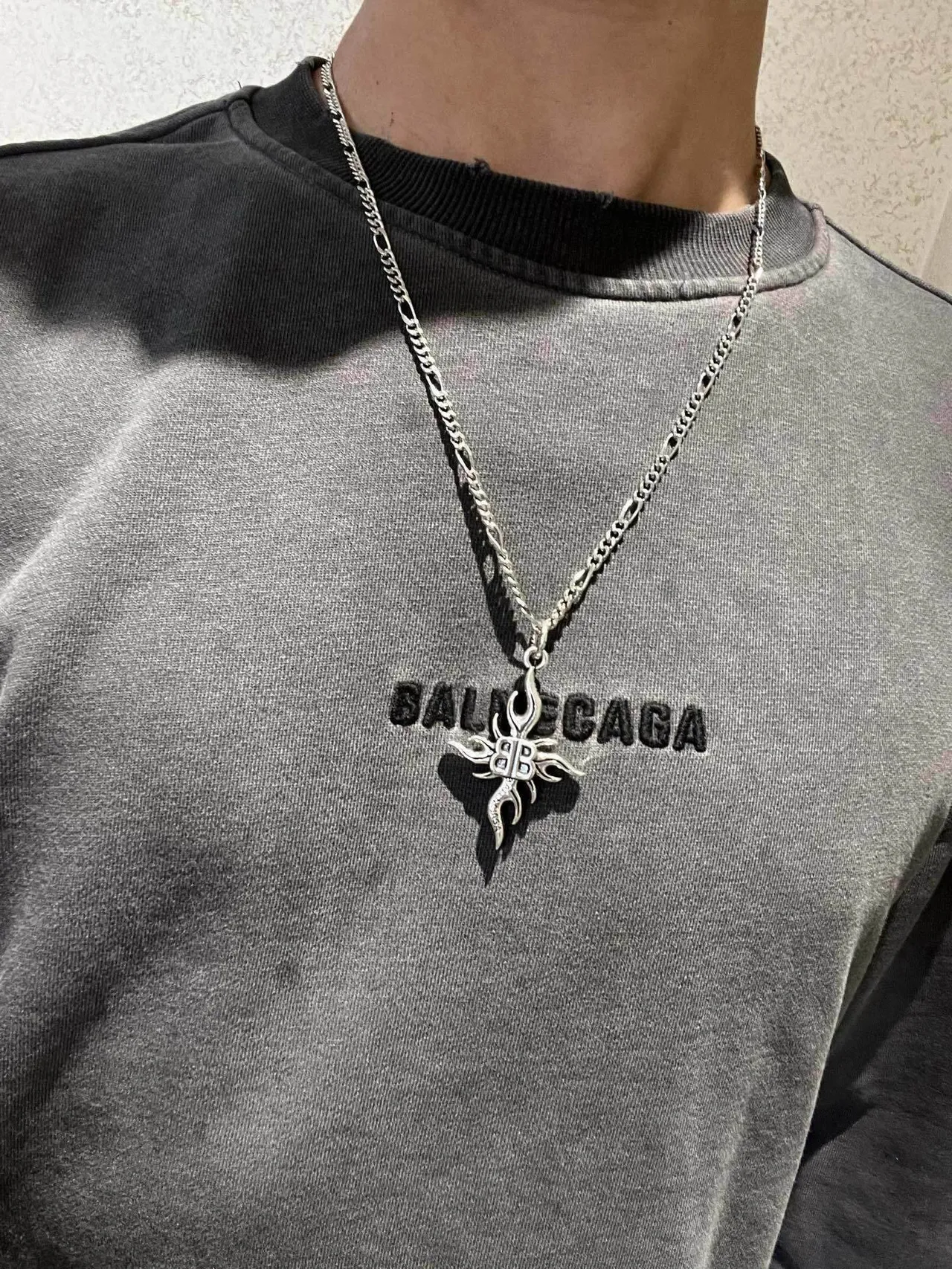 Balenciaga Flame BB Pendant Silver Chain Necklace