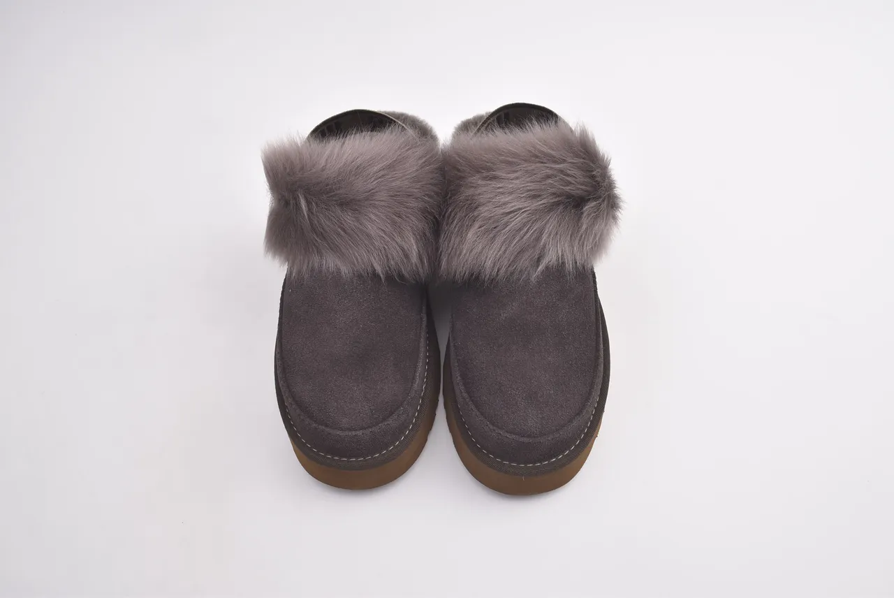 UGG Gray Brown Platform Sole Fur-Trimmed Slippers