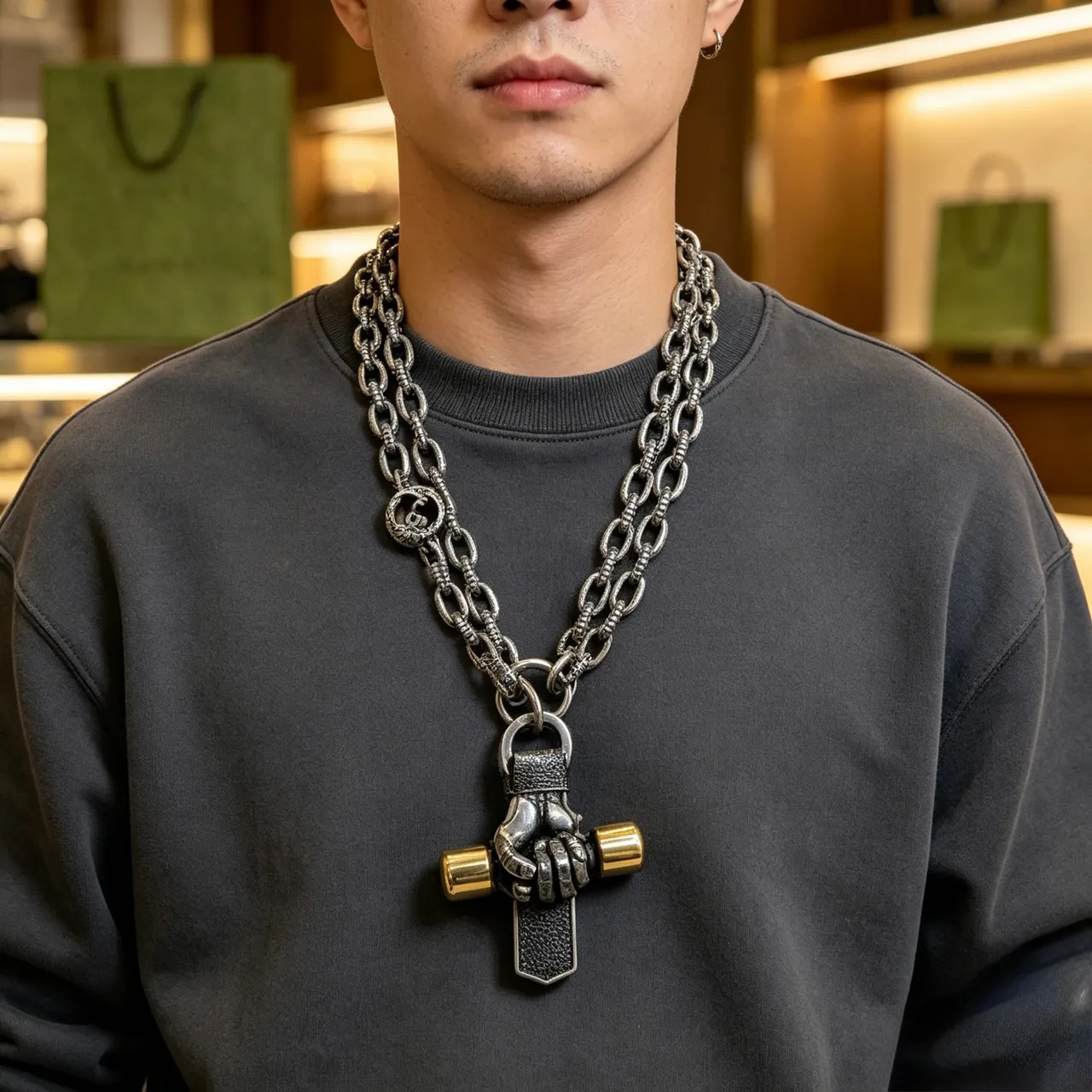 Gucci Fist Pendant Silver Gold Oxidized Chain Sculpted Necklace