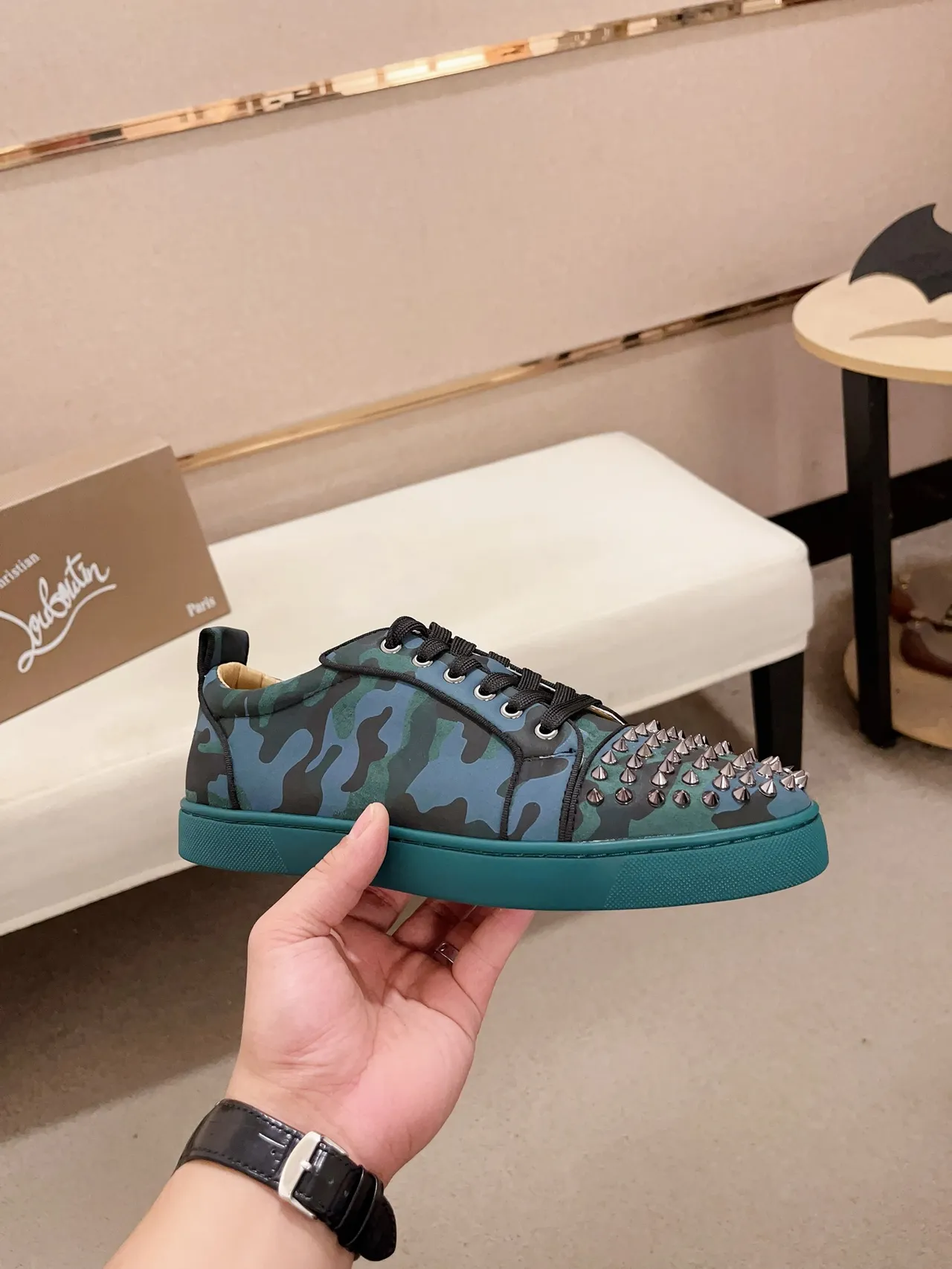 Christian Louboutin Multicolor Blue Camouflage-Print Upper Studded Toe Cap Lifestyle Sneakers