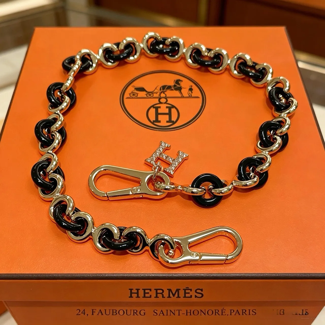 Hermès Black Gold Link Pavé-Crystal H Charm Chain Bag
