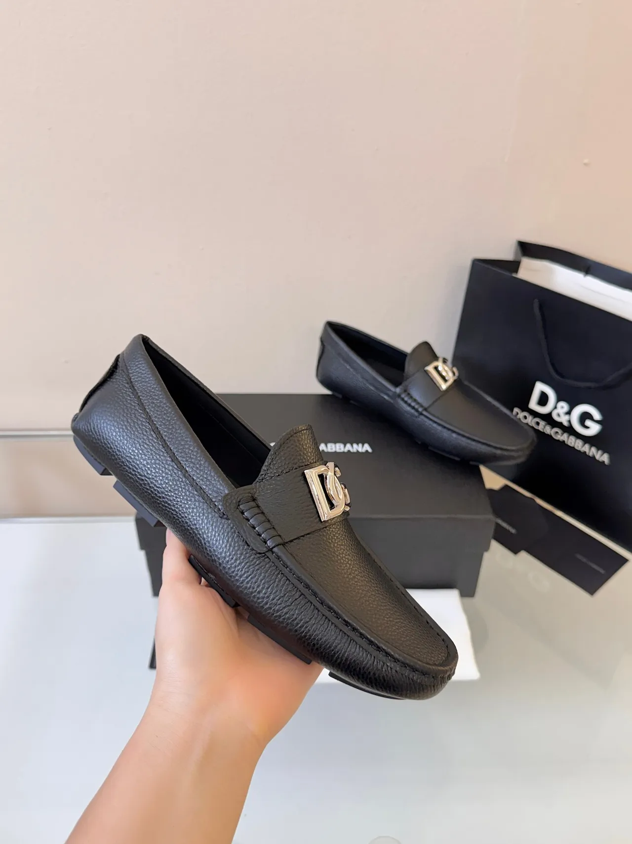 Dolce & Gabbana Portofino Black Pebbled Leather DG Buckle Loafers