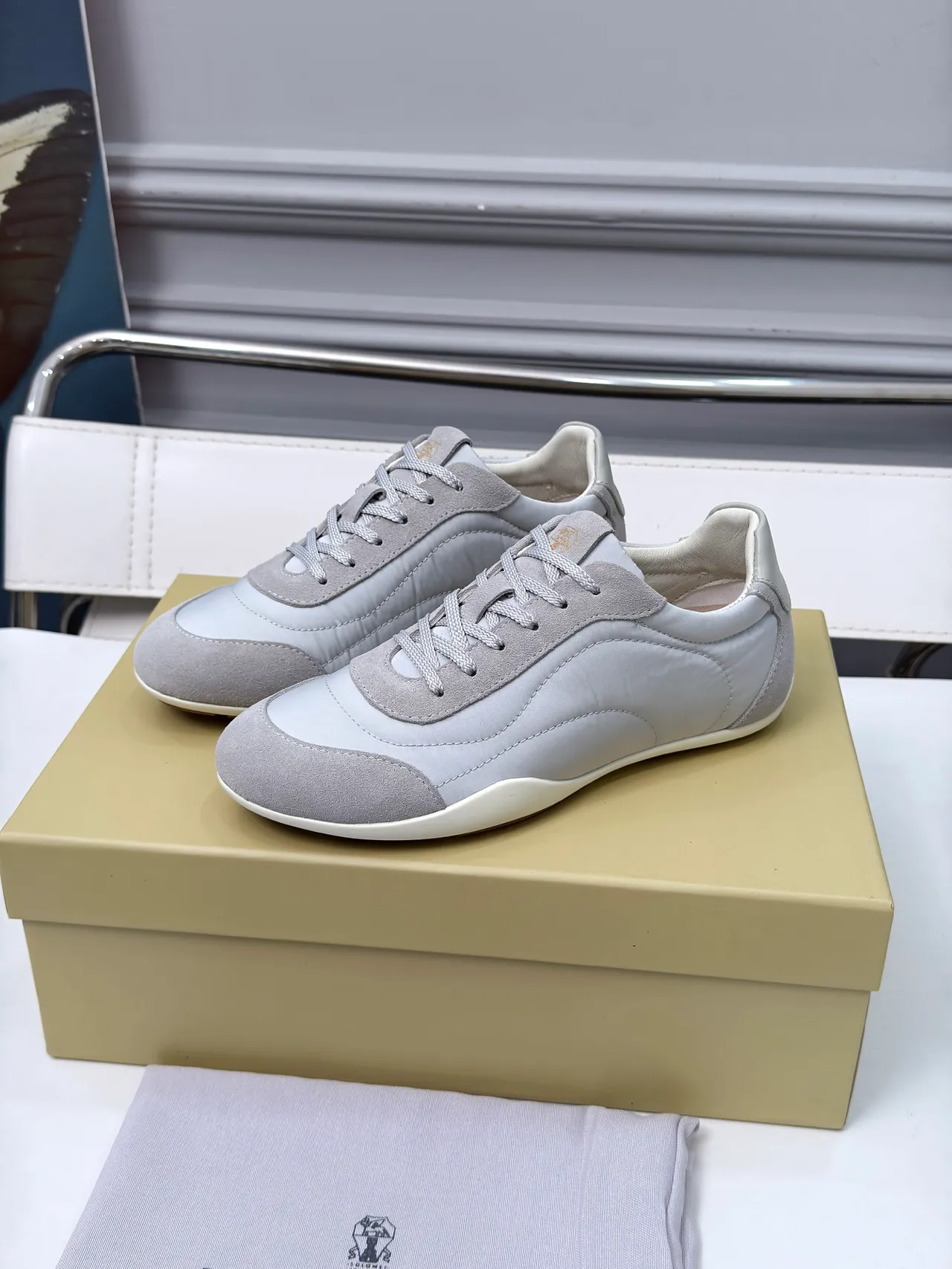 Brunello Cucinelli Gray Suede and Leather Low-Top Sneaker