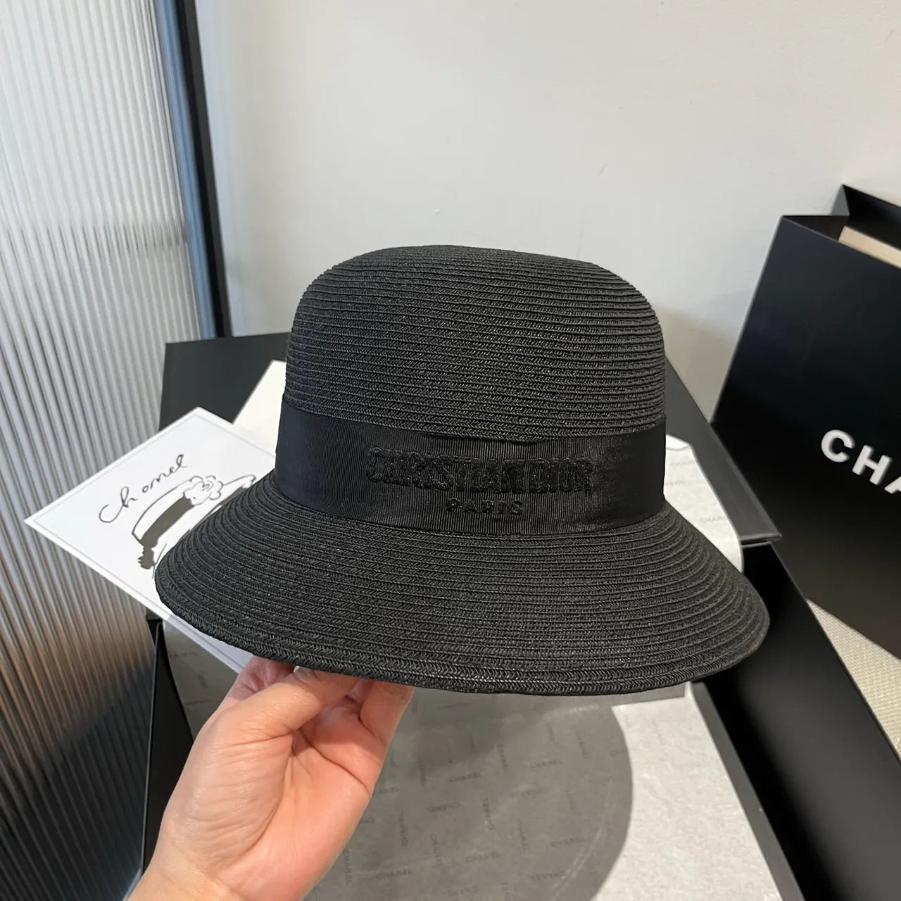 Dior Black Woven Straw-Like Texture Pinched Crown Fedora