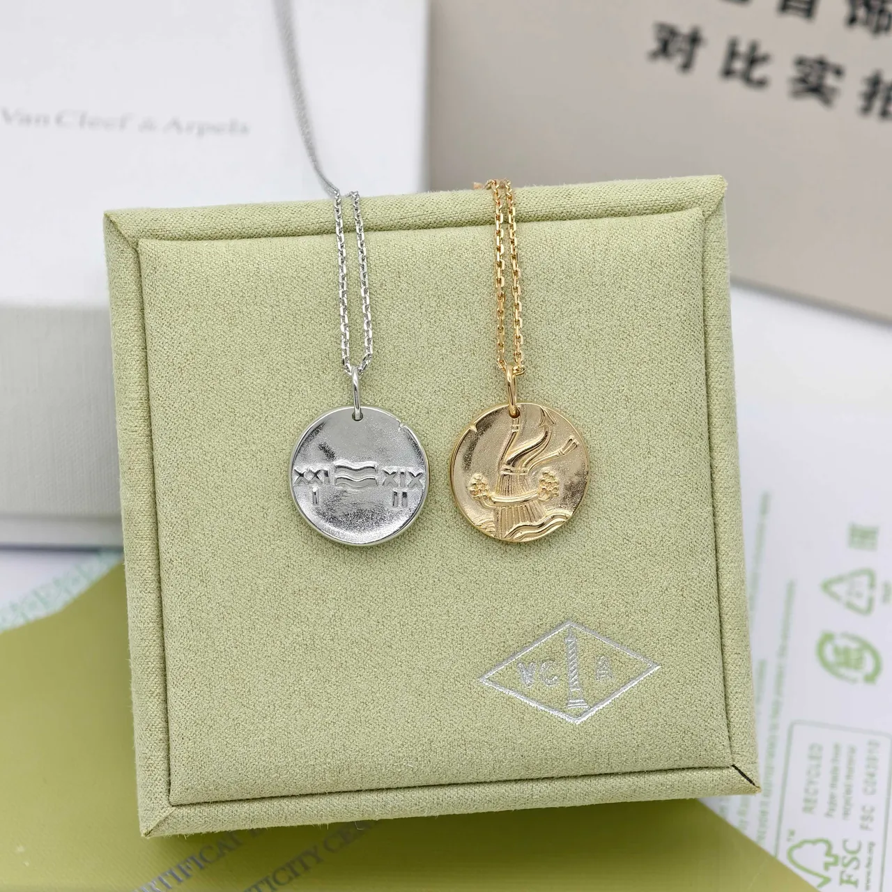 Van Cleef & Arpels Zodiac Silver Gold Circular Disc Pendants Engraved Motifs Necklace
