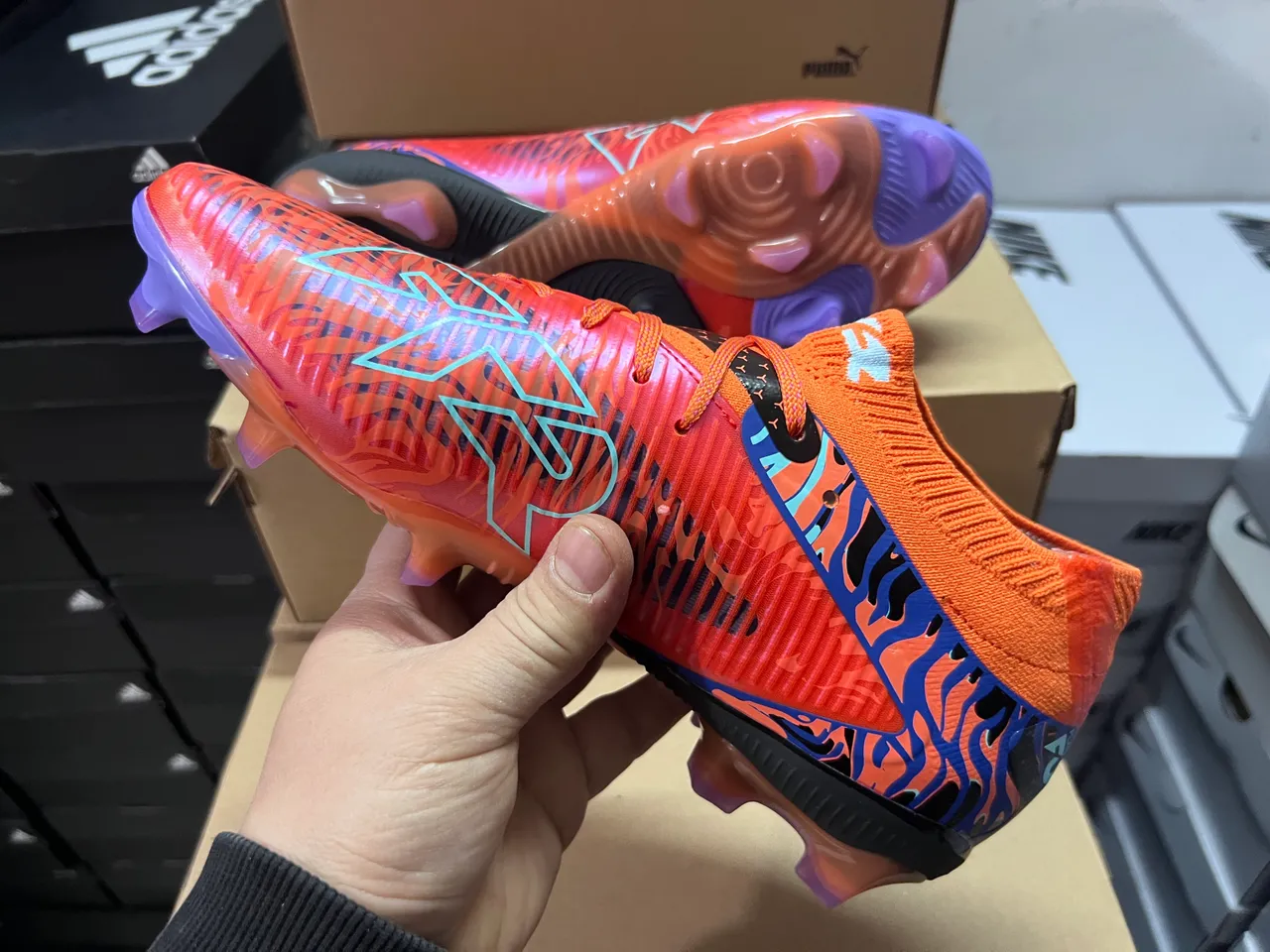 Puma Orange Blue High-Cut Knit Collar Flame-Pattern Graphic Overlay Firm-Ground Soccer Shoes