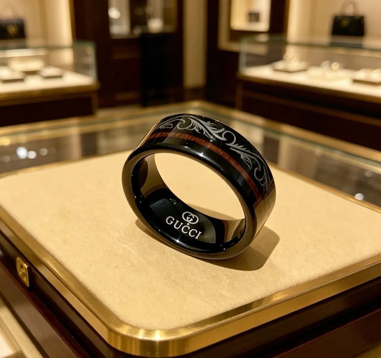 Gucci Black Brown Polished Band Floral Engraving Ring