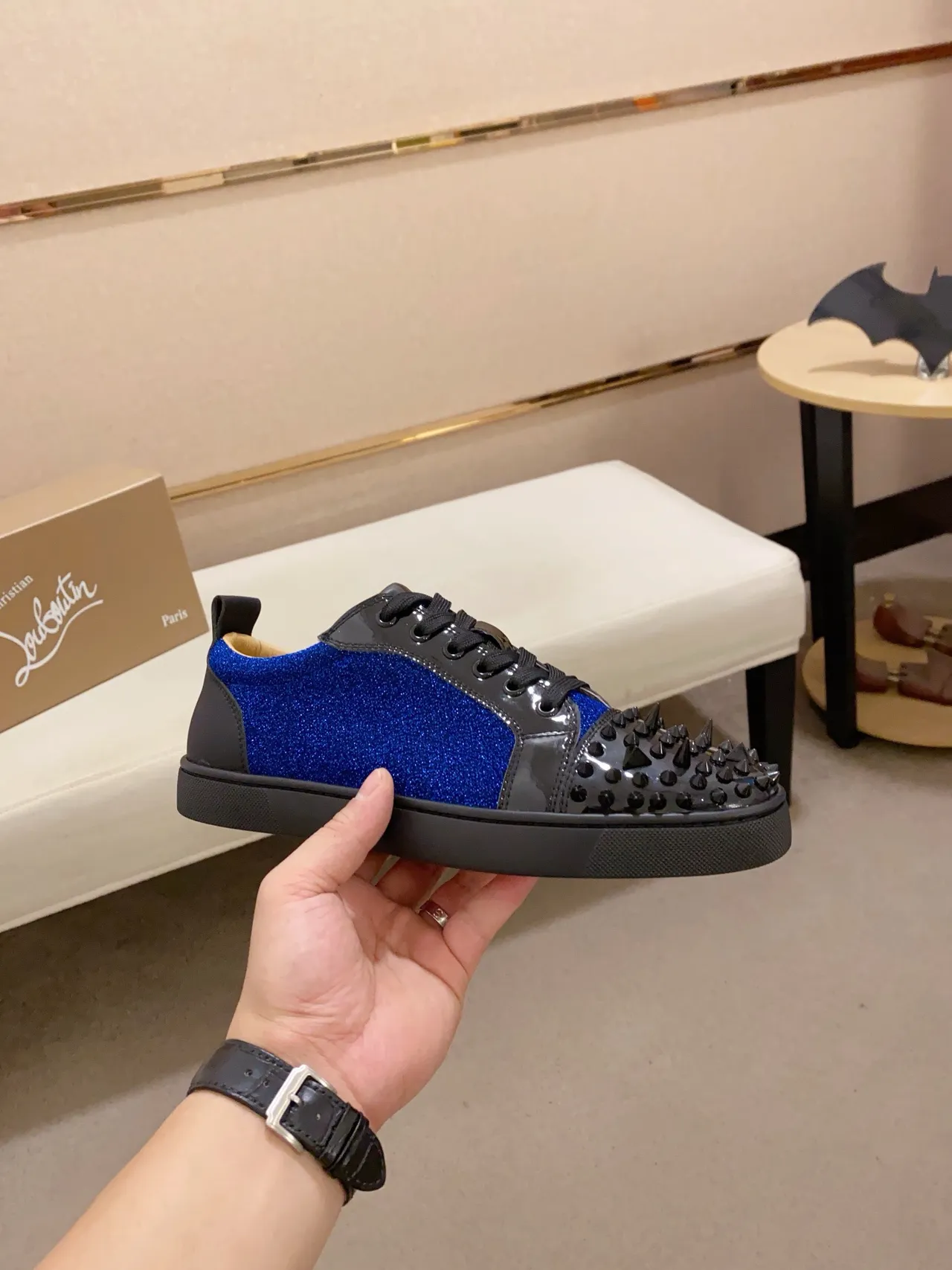 Christian Louboutin Spike Blue Glitter and Black Patent Lifestyle Sneakers