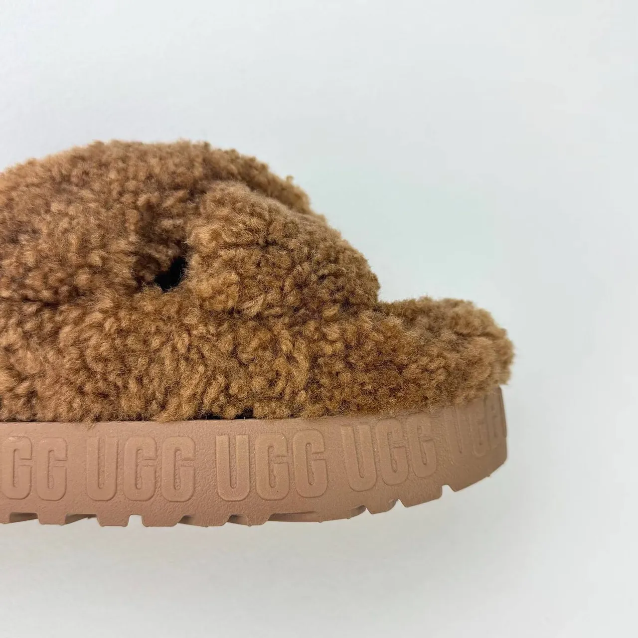 UGG Tasman Brown Fuzzy Cross-Strap Platform Slippers