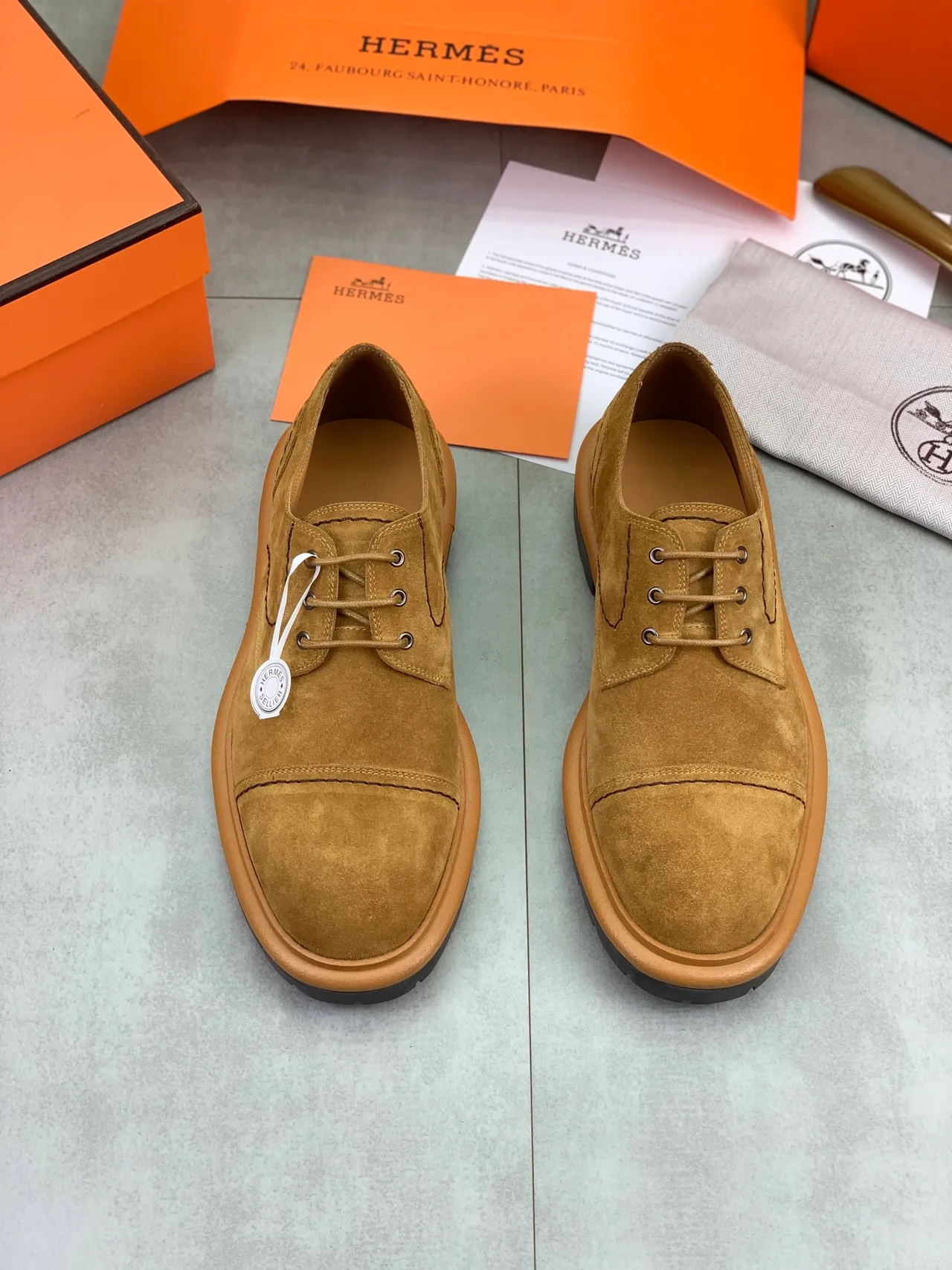 Hermès Brown Beige Suede Cap-Toe Contrast Topstitching Derby Shoes