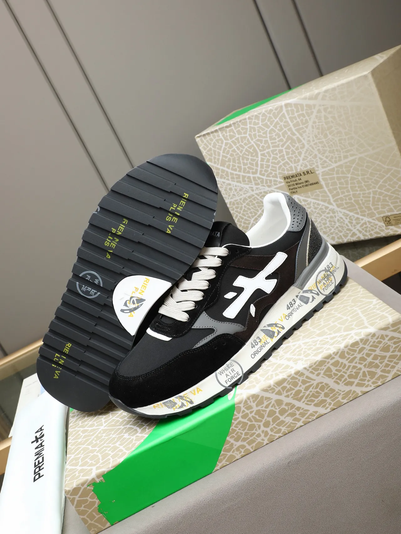 Premiata Black White Layered Suede And Mesh Upper Contrasting Logo Sneakers