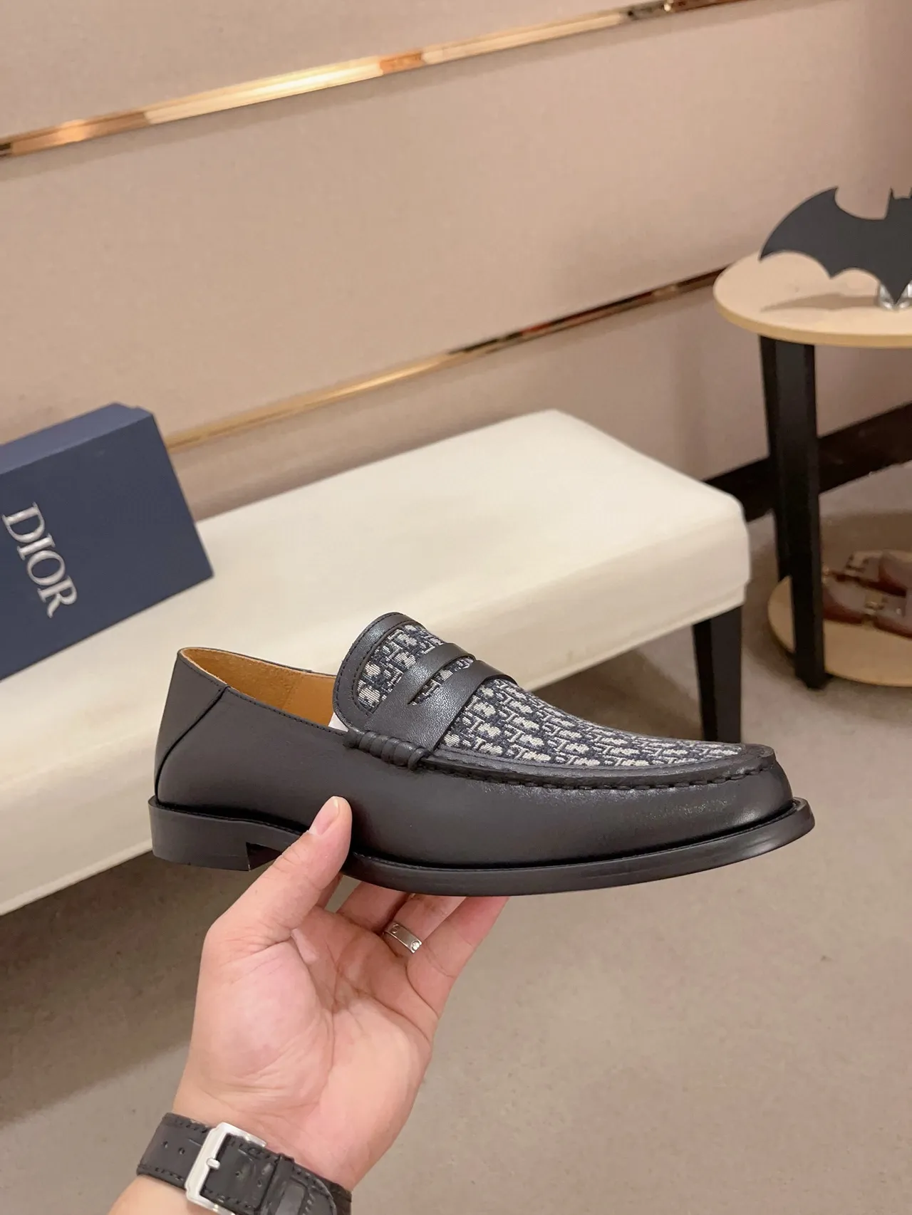 Black Gray Leather Monogrammed Fabric Vamp Loafer