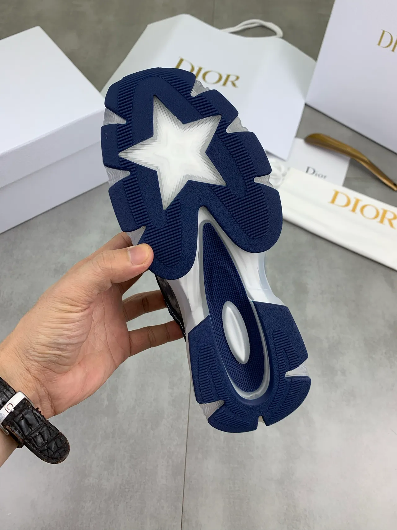 Dior Navy White Transparent Sole Monogrammed Mesh Upper Chunky Sneakers