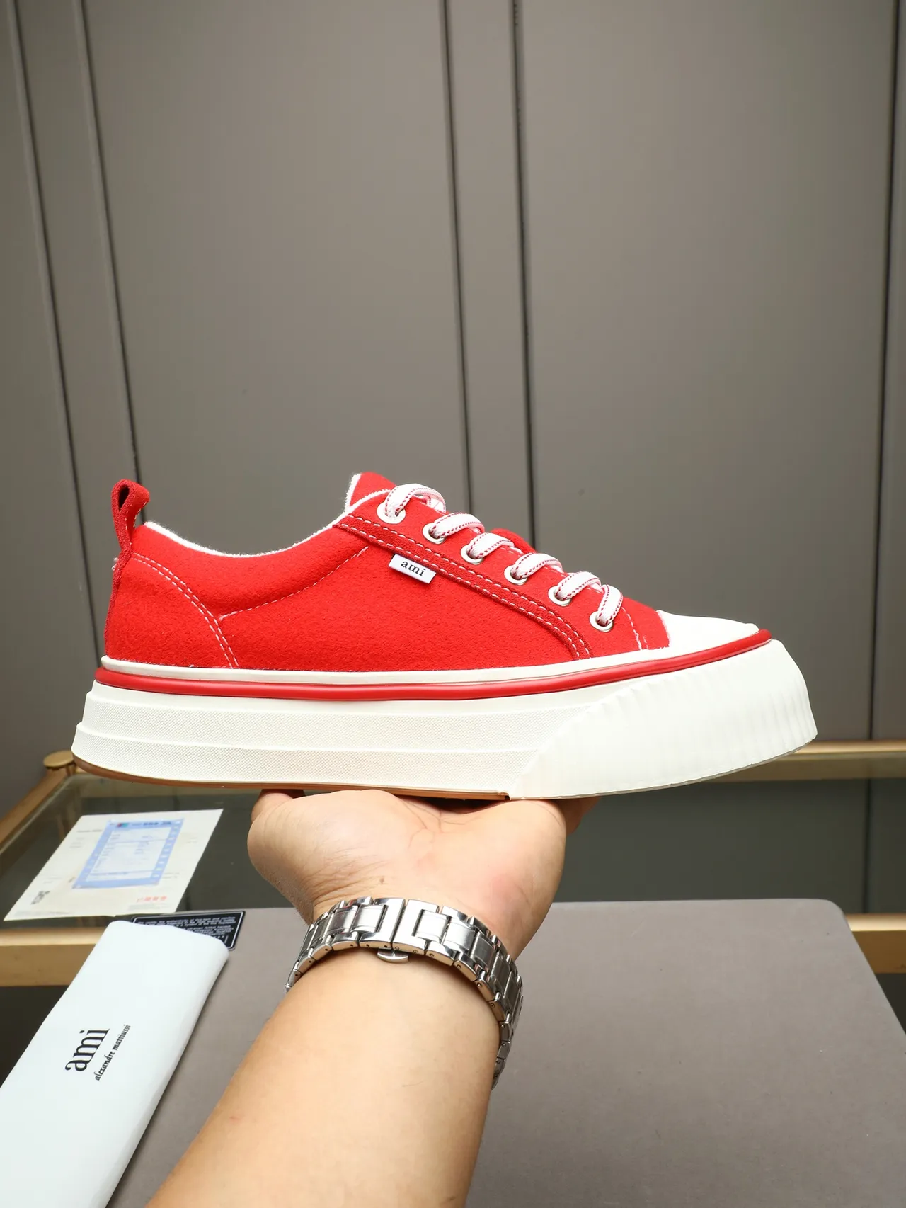 AMI Paris Platform Sneakers Red White Low-Top Suede Upper Lifestyle Sneakers