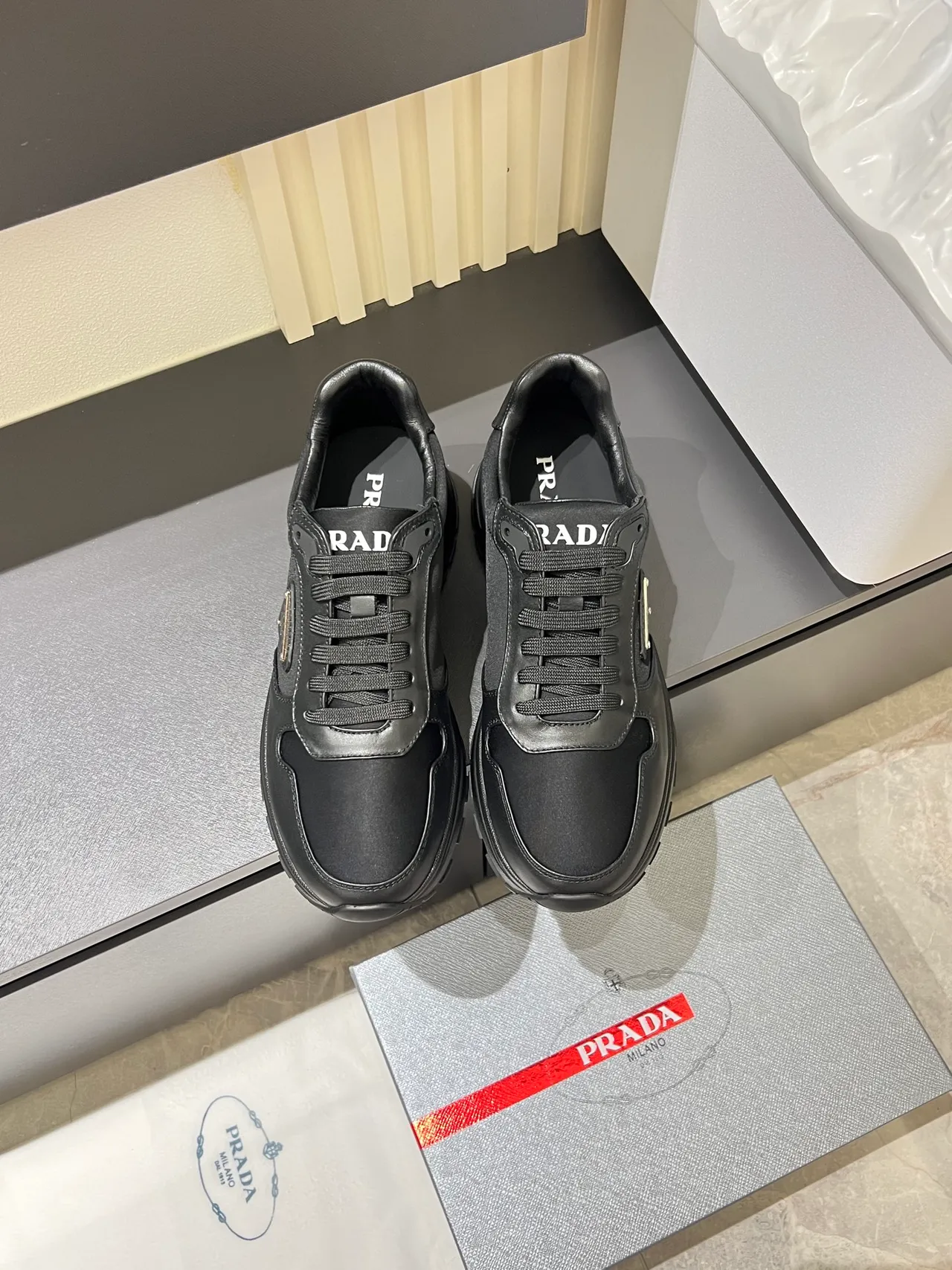 Prada Black Gray Leather And Textile Upper Metallic Triangle Logo Plaque Lifestyle Sneakers