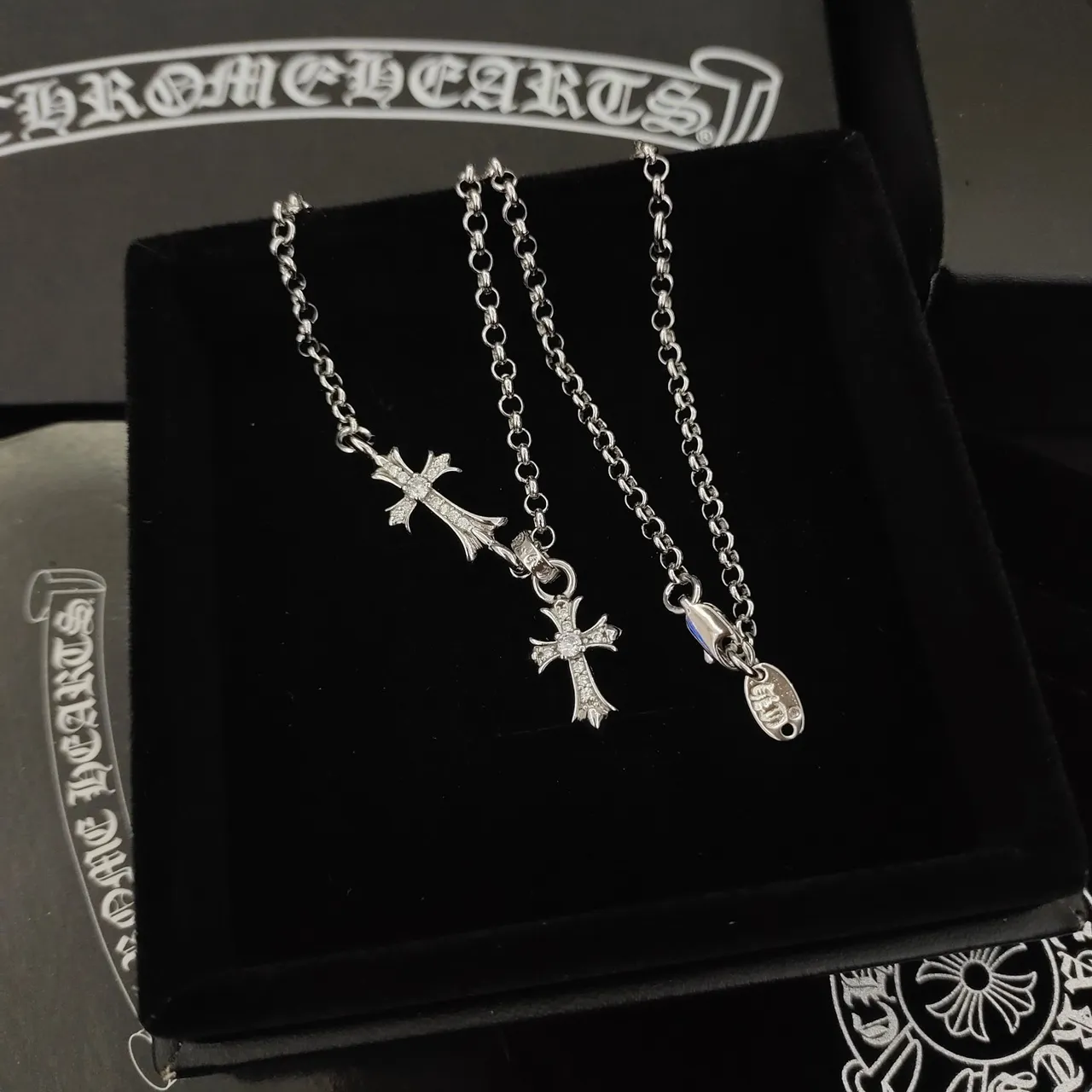 Chrome Hearts Dual Cross Pavé Pendant Necklace