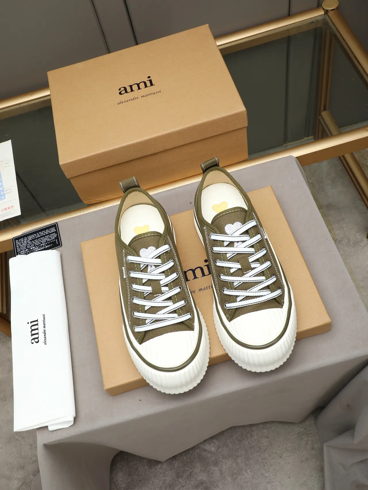 AMI Paris de Coeur Army Green White Canvas Upper Platform Sole Sneakers