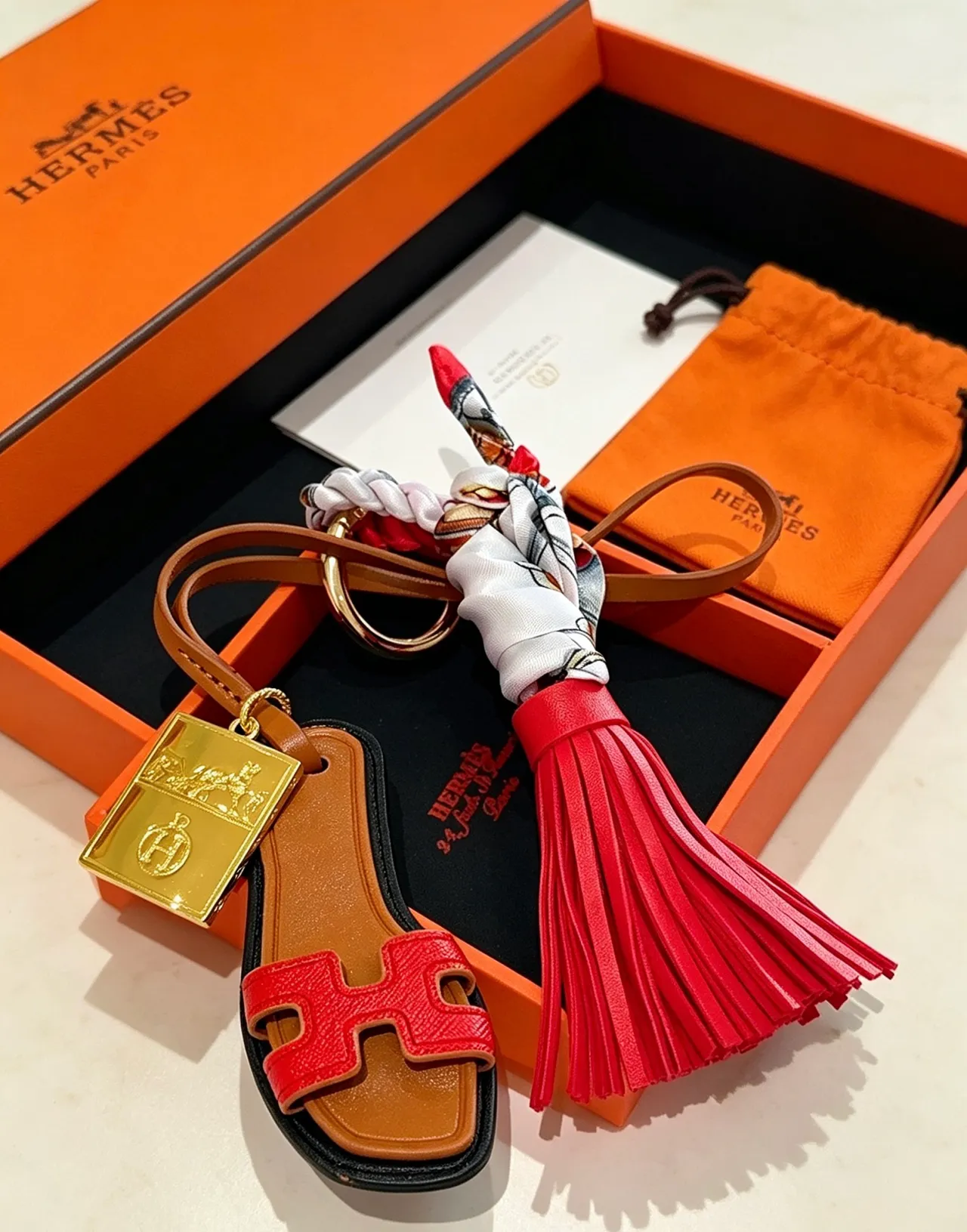 Hermès Oran Red Brown H-Shaped Leather Motif Silk Scarf Knot Handbag