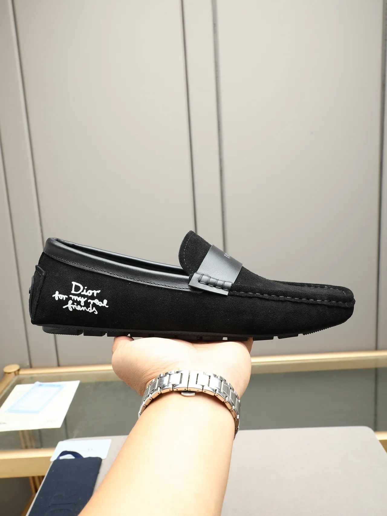 Dior Black White Suede Upper Smooth Leather Strap Loafer