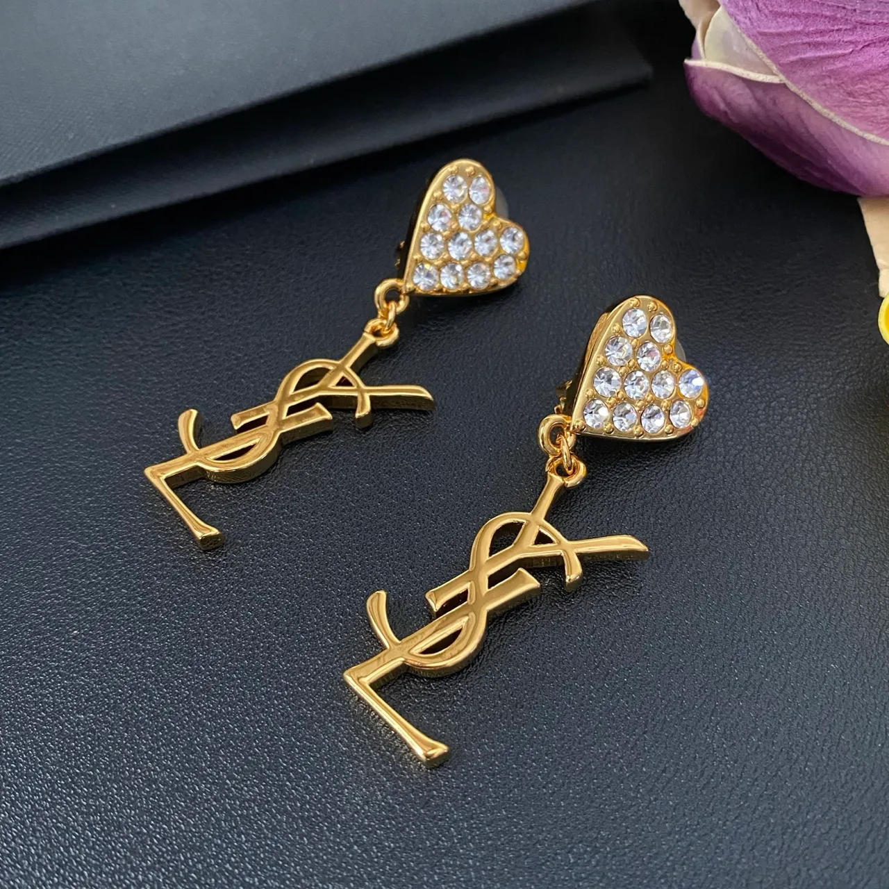 Saint Laurent Heart Crystal and Monogram Dangling Earrings