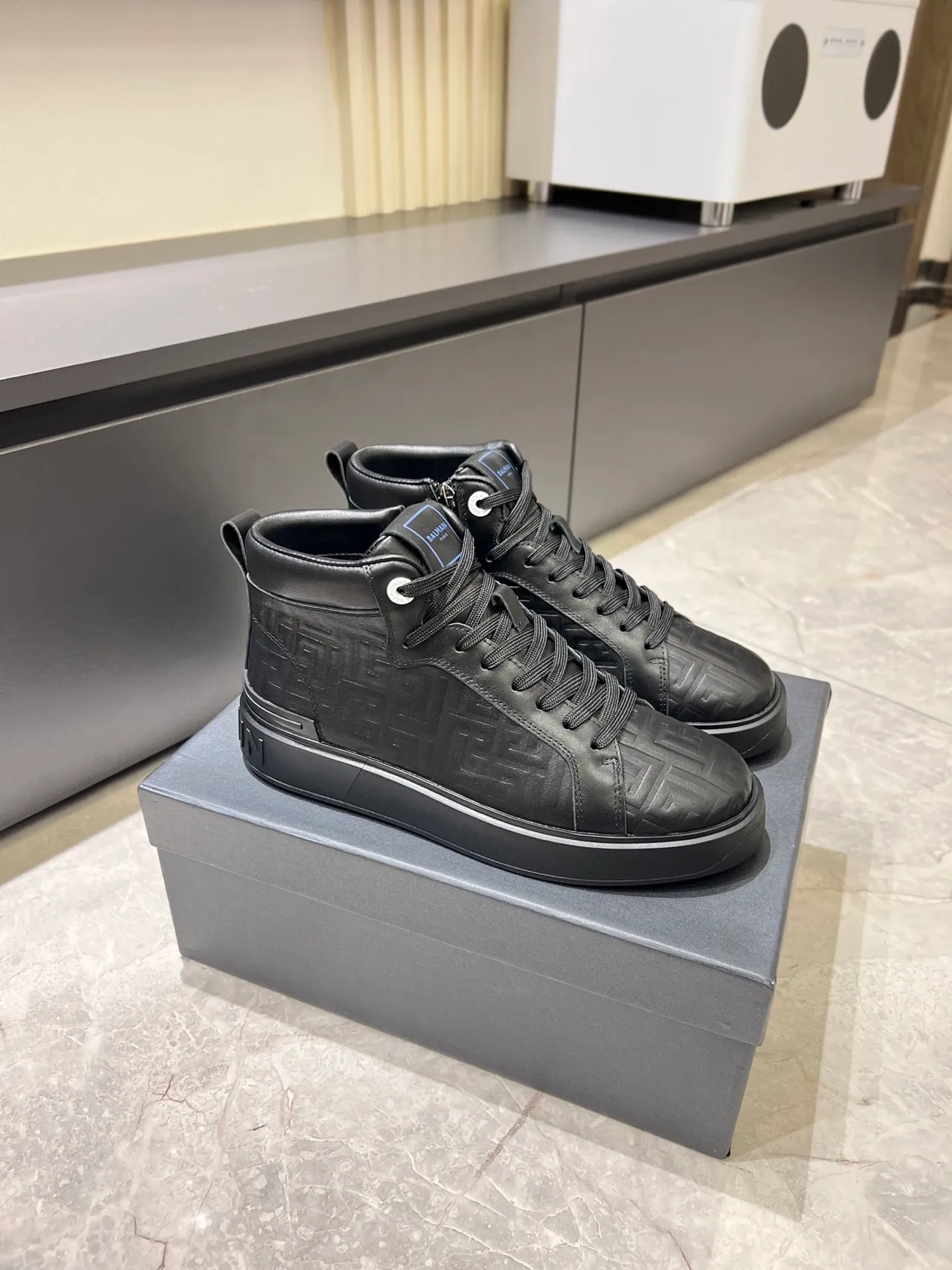 Balmain B-Court Black Embossed Monogram High-Top Lifestyle Sneakers
