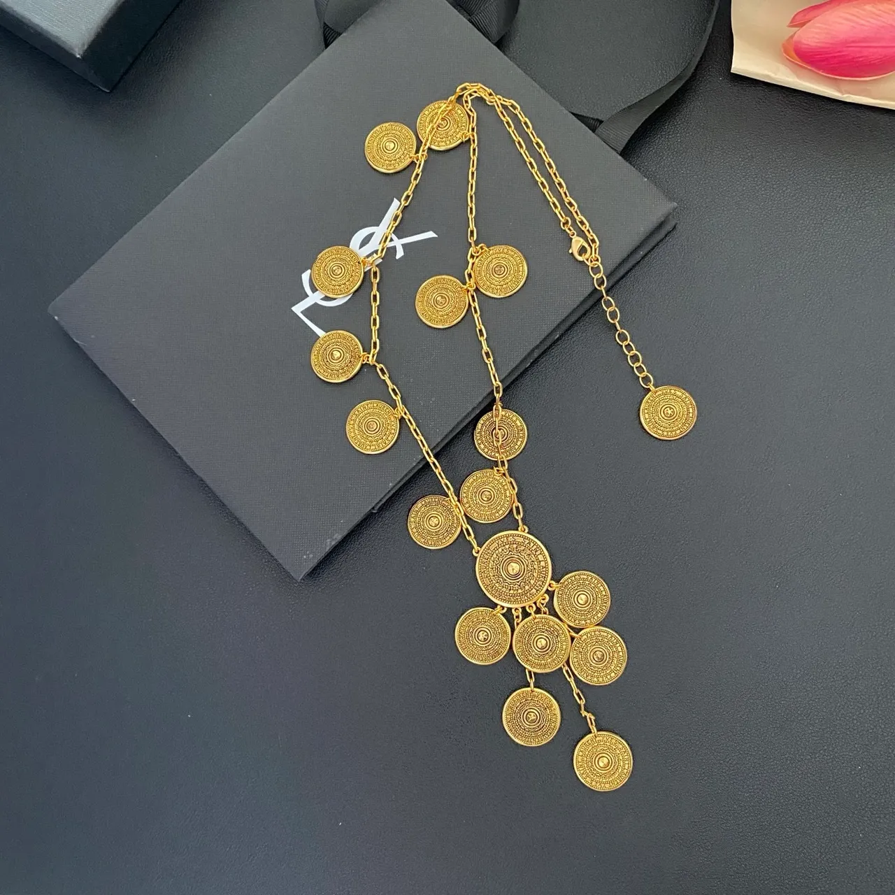 Saint Laurent Gold Coin-Inspired Multi-Tiered Chain Necklace