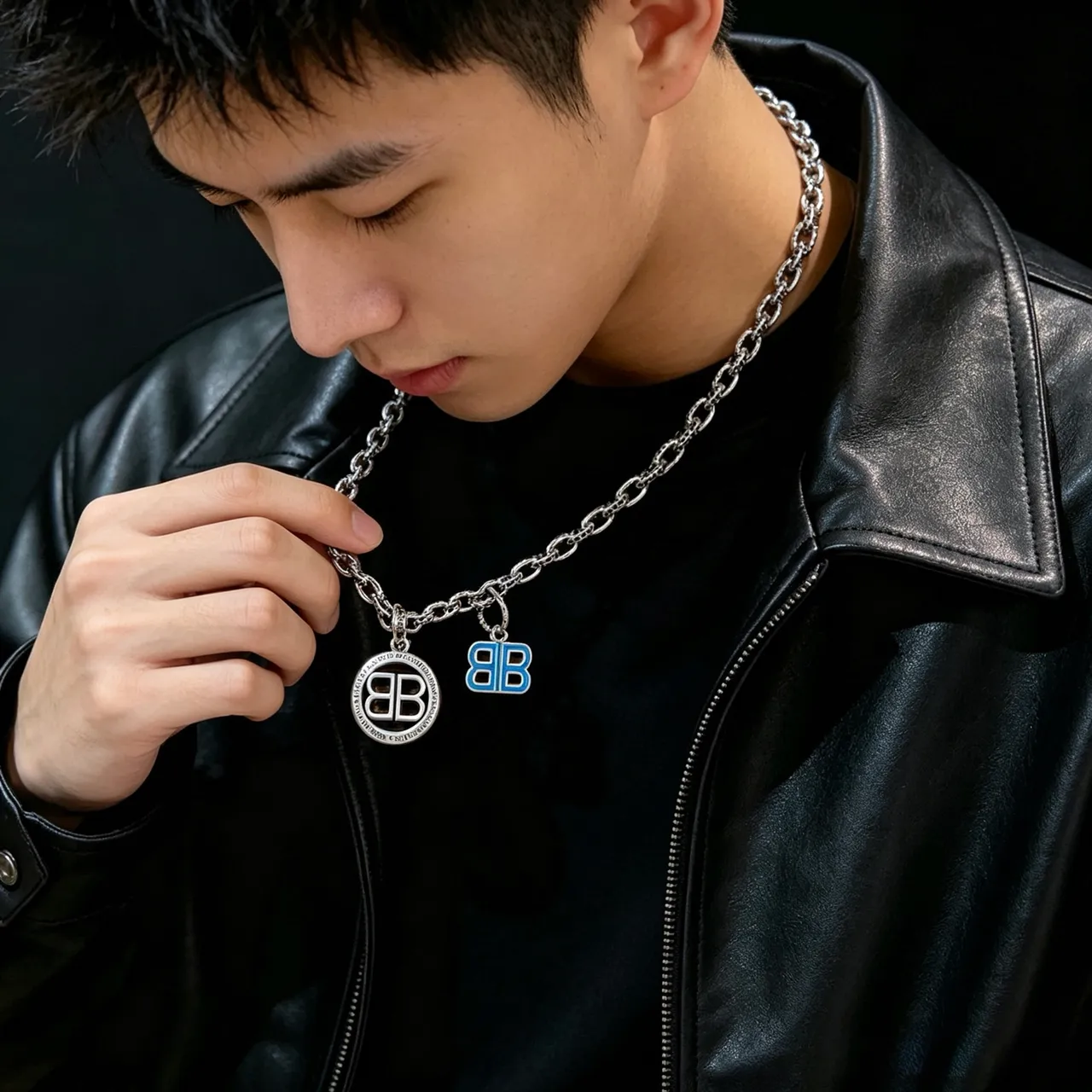 Balenciaga BB Necklace Silver Blue Chunky Curb Chain Double-B Logo Pendant Necklace