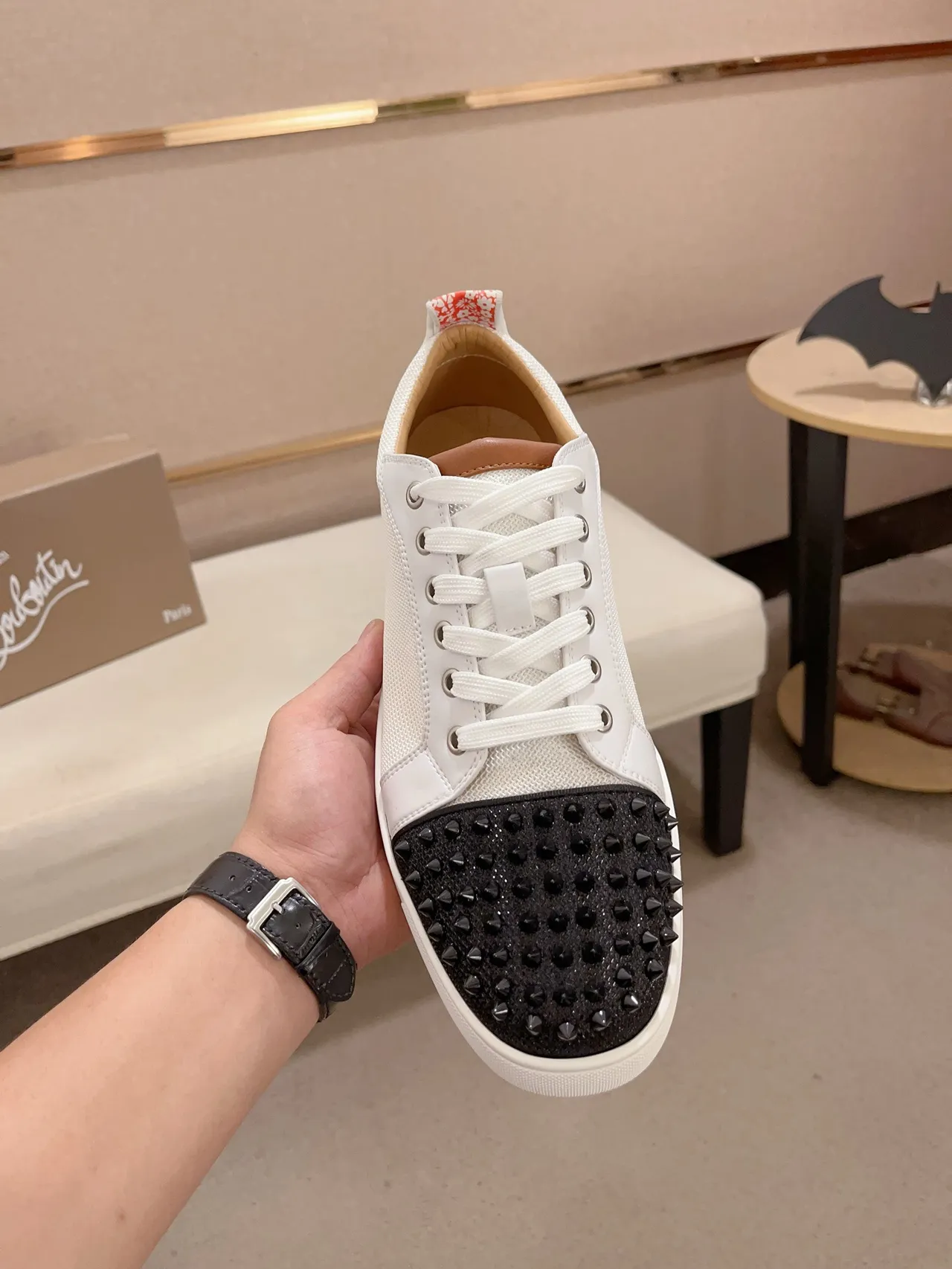 Christian Louboutin White Black Studded Toe Cap Mesh And Leather Paneling Lifestyle Sneakers