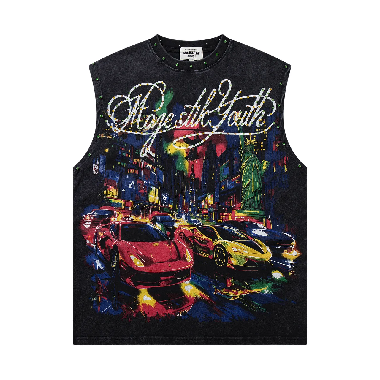 MAJESTIK Graphic-Print Studded Acid-Wash Black Denim Vest Top