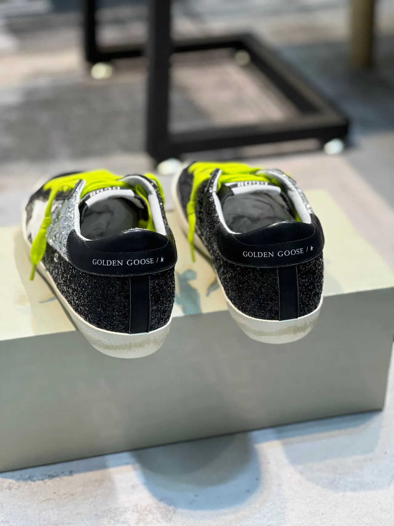 Golden Goose Superstar Black Silver Glitter Neon Yellow Lace-Up Lifestyle Sneakers