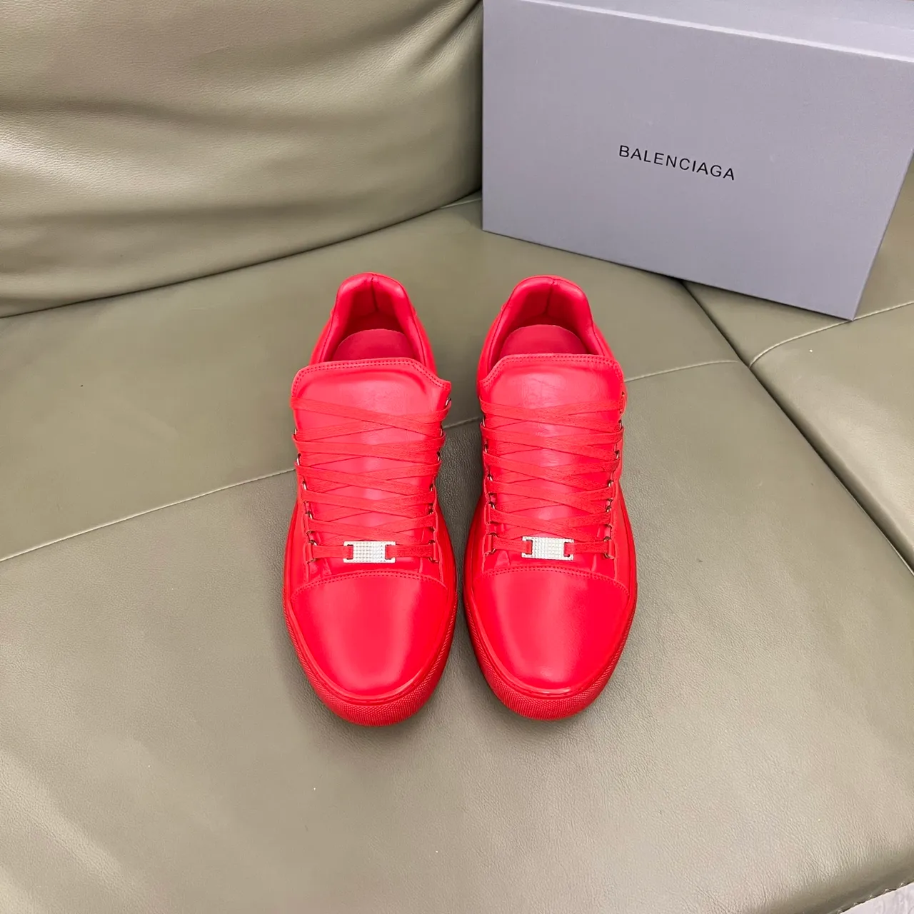 Balenciaga Red Monochromatic Leather Crisscross Strap-Lace System Lifestyle Sneakers