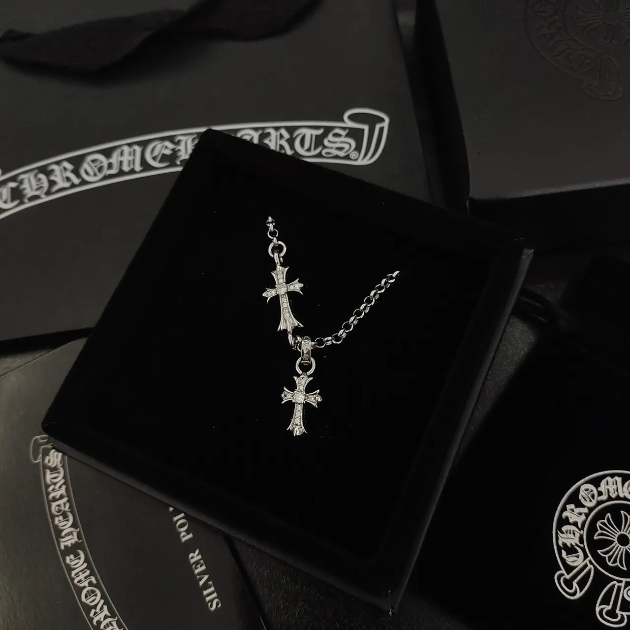 Chrome Hearts Dual Cross Pavé Pendant Necklace
