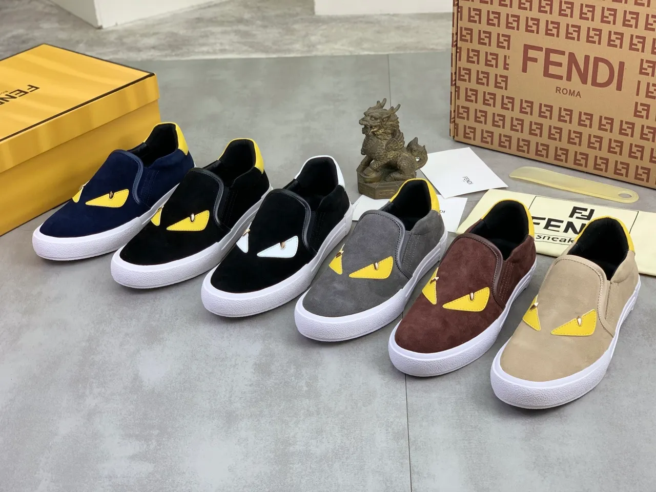 Fendi Monster Eye Navy and Yellow Suede Slip-On Lifestyle Sneakers