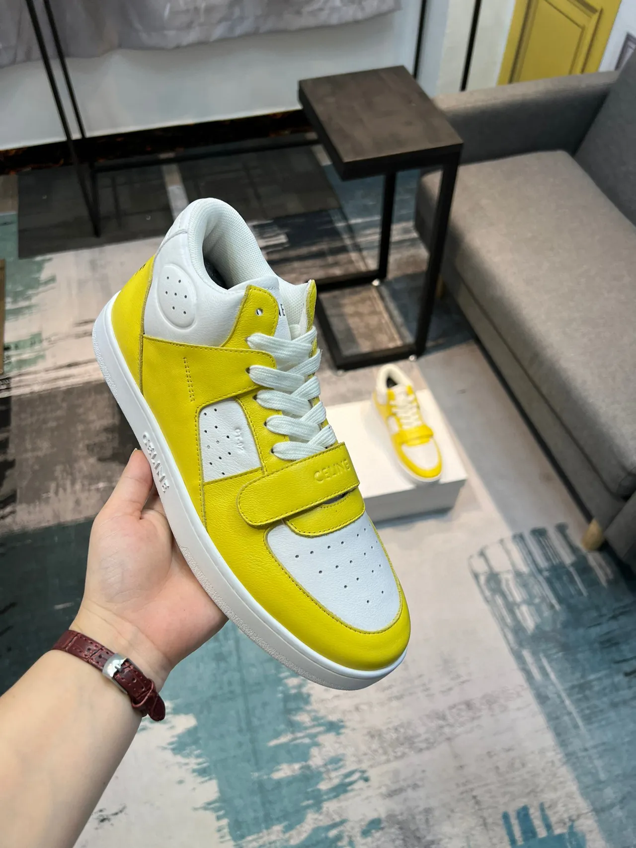 Celine CT-01 Yellow and White Leather High-Top Lifestyle Sneaker