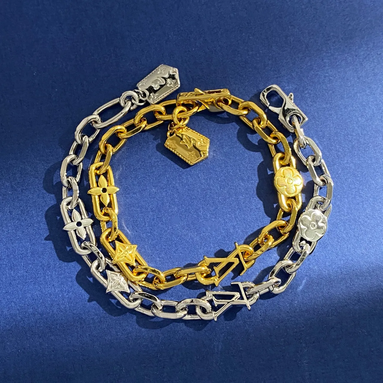 Louis Vuitton Gold Silver Double-Layered Chain Two-Tone Bracelet