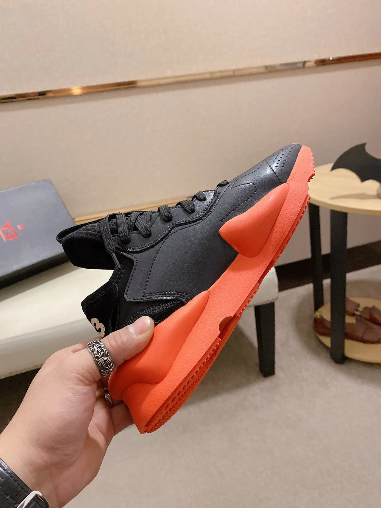 Yohji Yamamoto Black Orange Sculpted Midsole Matte Leather Upper Chunky Sneakers