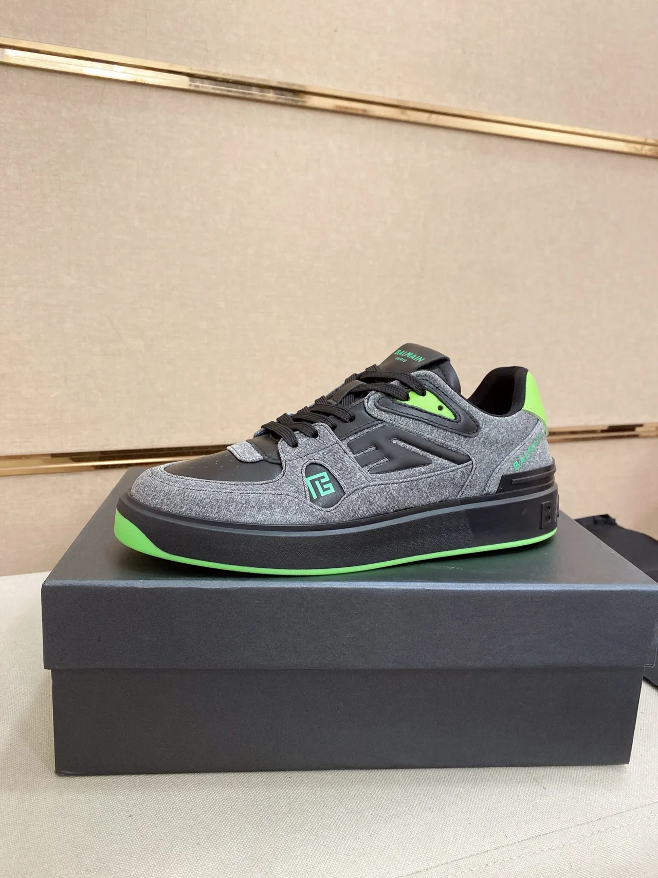 Balmain B-Court Gray Black Neon Green Lifestyle Sneakers