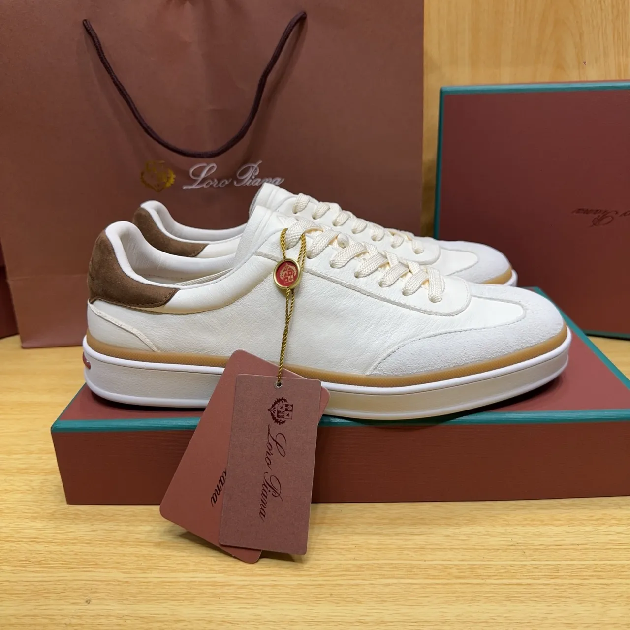 Loro Piana White and Brown Leather Lifestyle Sneakers