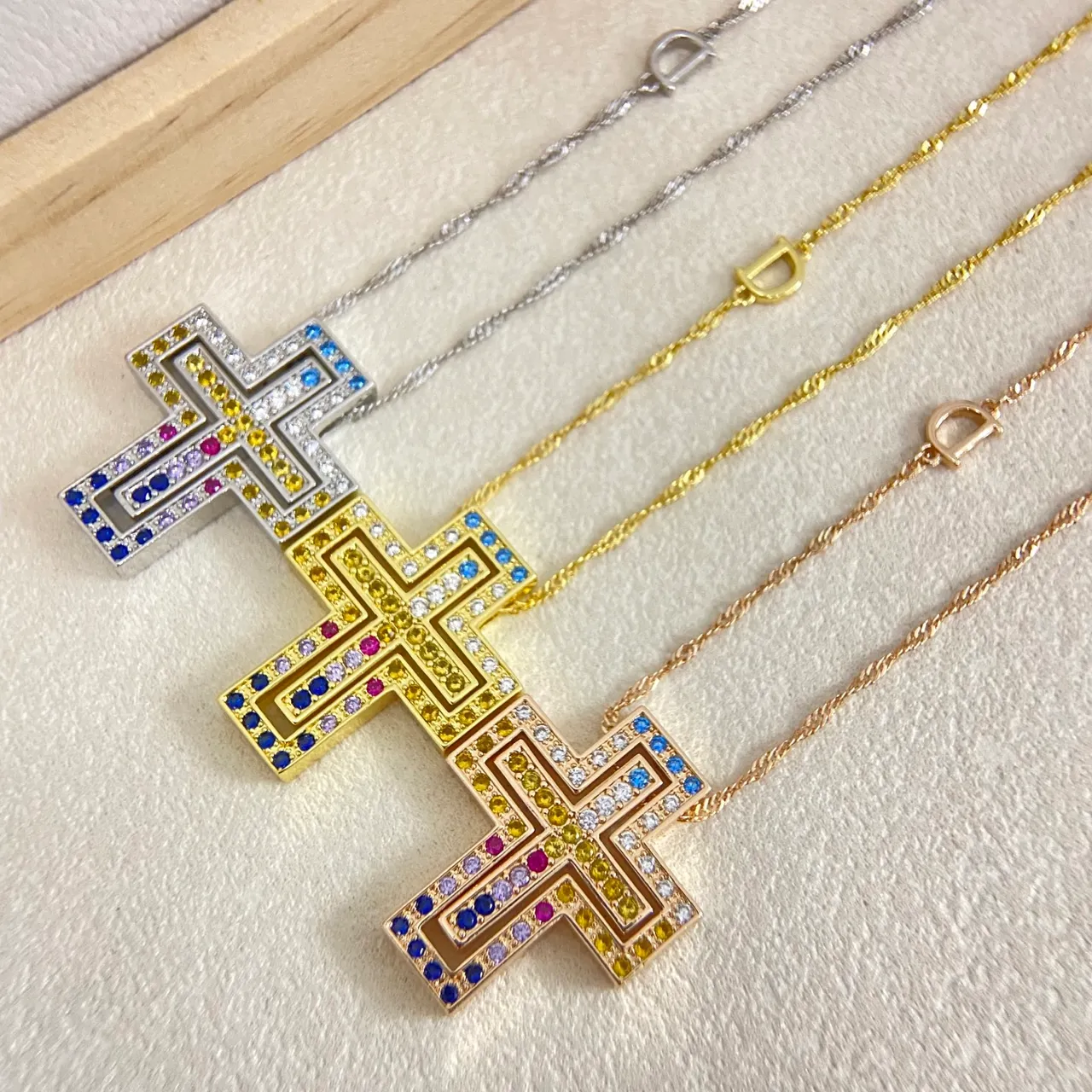 Gold-Tone Crystal-Encrusted Geometric Cross Necklaces