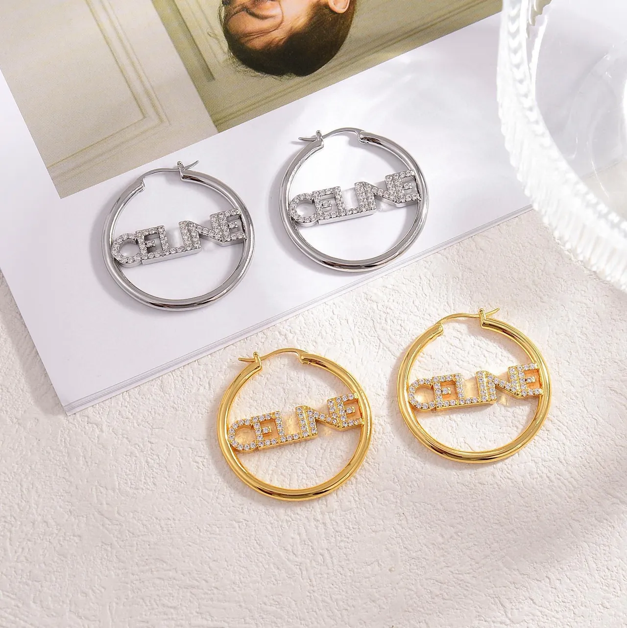 Celine Logo Hoop Silver Gold Crystal-Embellished Earrings
